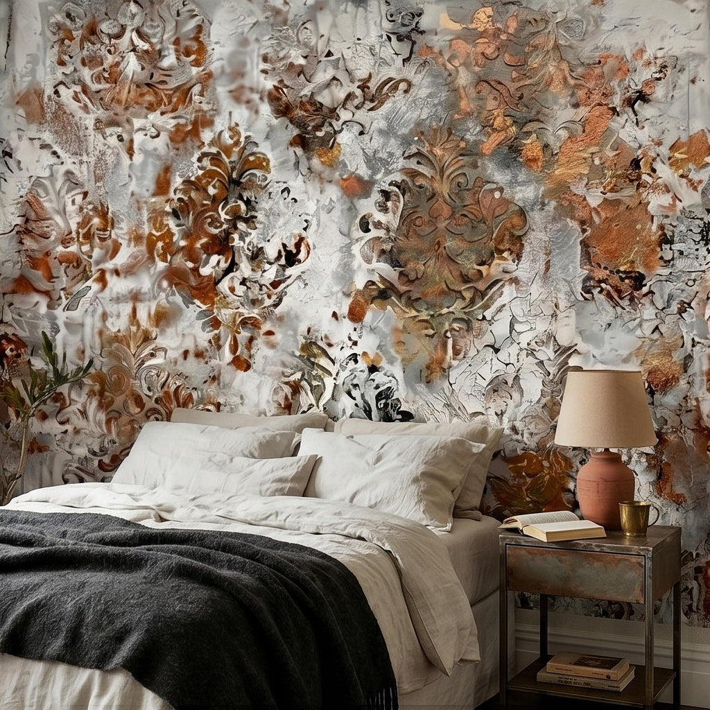 Distressed Damask Peel and Stick Wall Mural, White Plaster Texture with Copper Rust Patina, Vintage Baroque Ornate Scroll Wallpaper