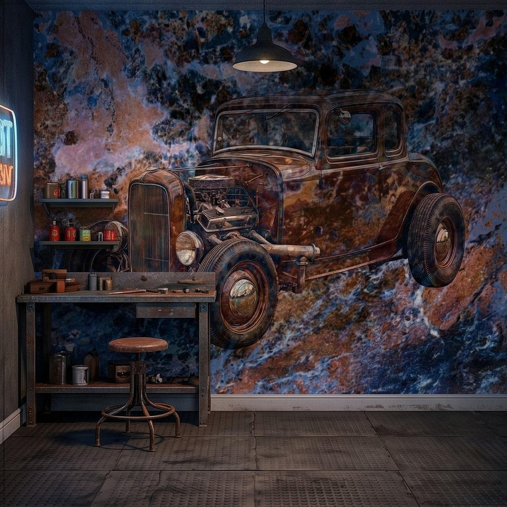 Vintage Hot Rod Car Peel and Stick Wall Mural, Classic Rat Rod Coupe, Blue Rust Grunge Texture Retro Automotive Industrial Wallpaper