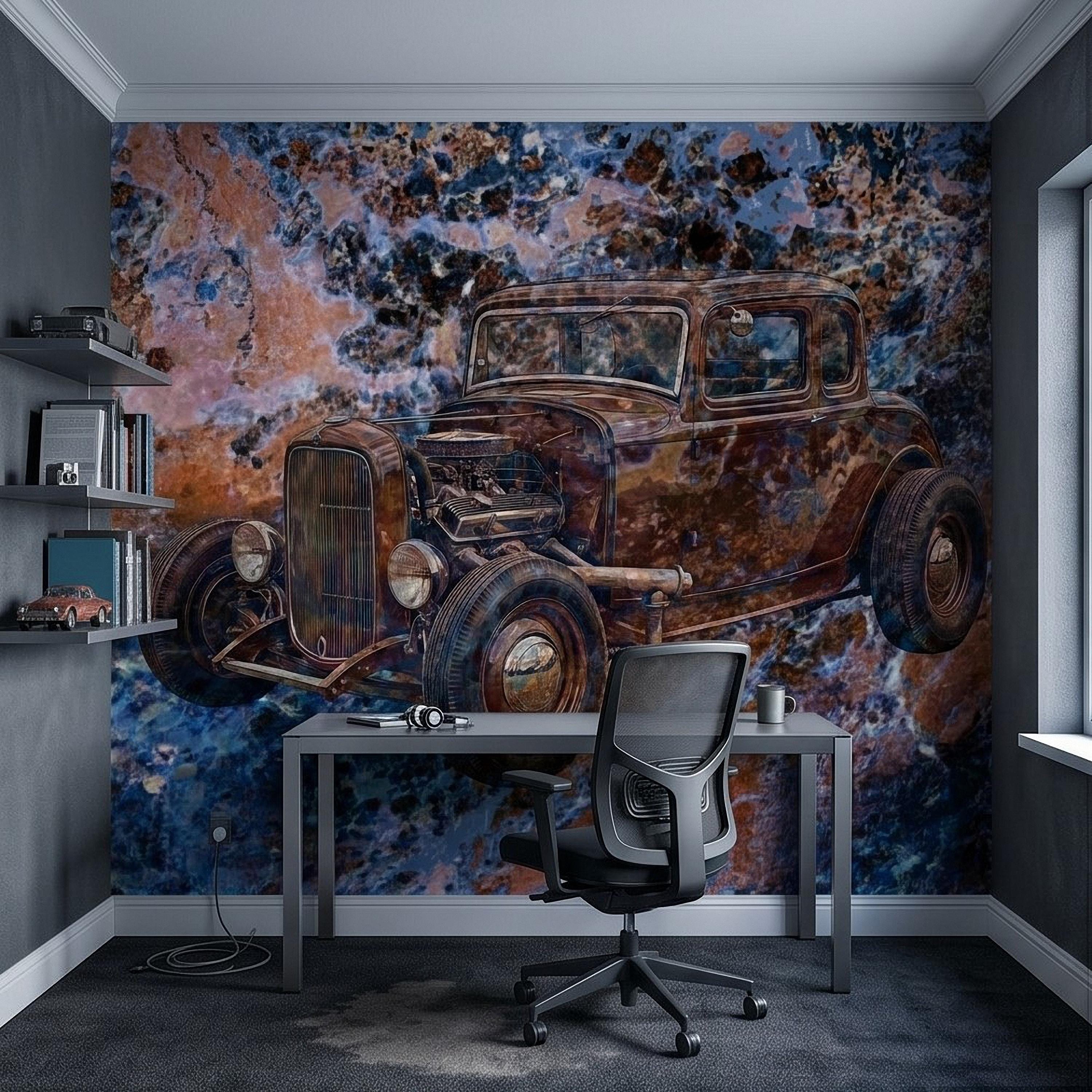 Vintage Hot Rod Car Peel and Stick Wall Mural, Classic Rat Rod Coupe, Blue Rust Grunge Texture Retro Automotive Industrial Wallpaper