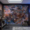 Vintage Hot Rod Car Peel and Stick Wall Mural, Classic Rat Rod Coupe, Blue Rust Grunge Texture Retro Automotive Industrial Wallpaper