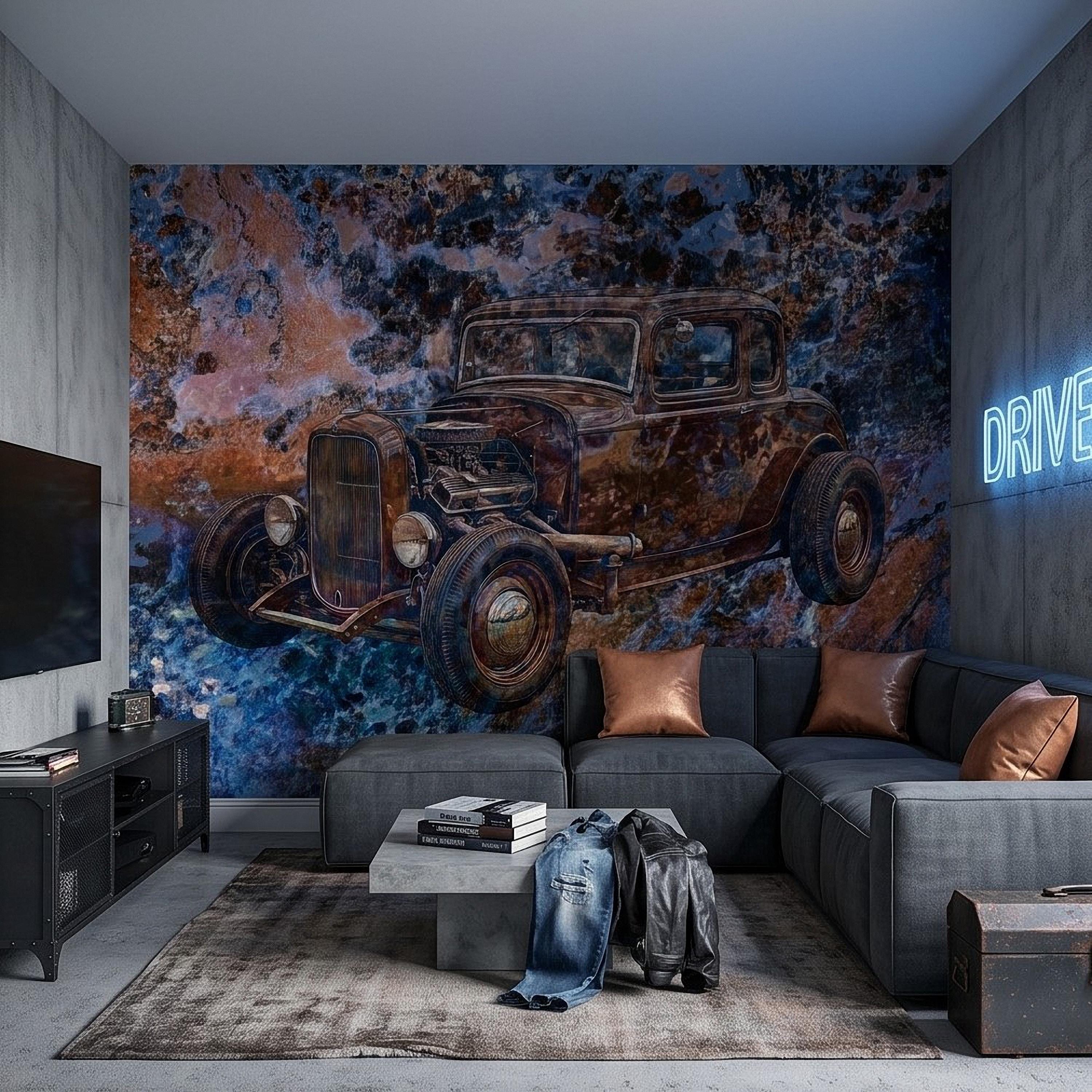 Vintage Hot Rod Car Peel and Stick Wall Mural, Classic Rat Rod Coupe, Blue Rust Grunge Texture Retro Automotive Industrial Wallpaper