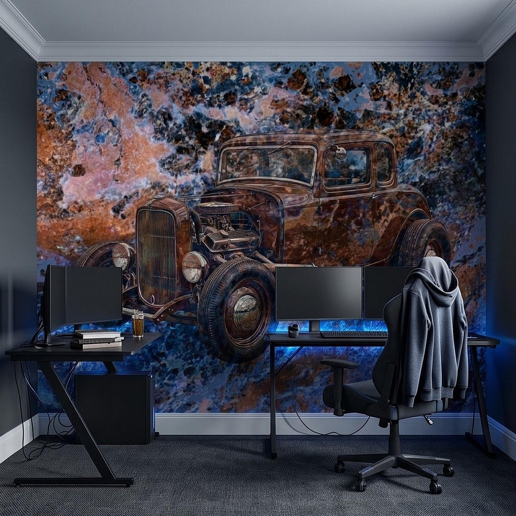 Vintage Hot Rod Car Peel and Stick Wall Mural, Classic Rat Rod Coupe, Blue Rust Grunge Texture Retro Automotive Industrial Wallpaper