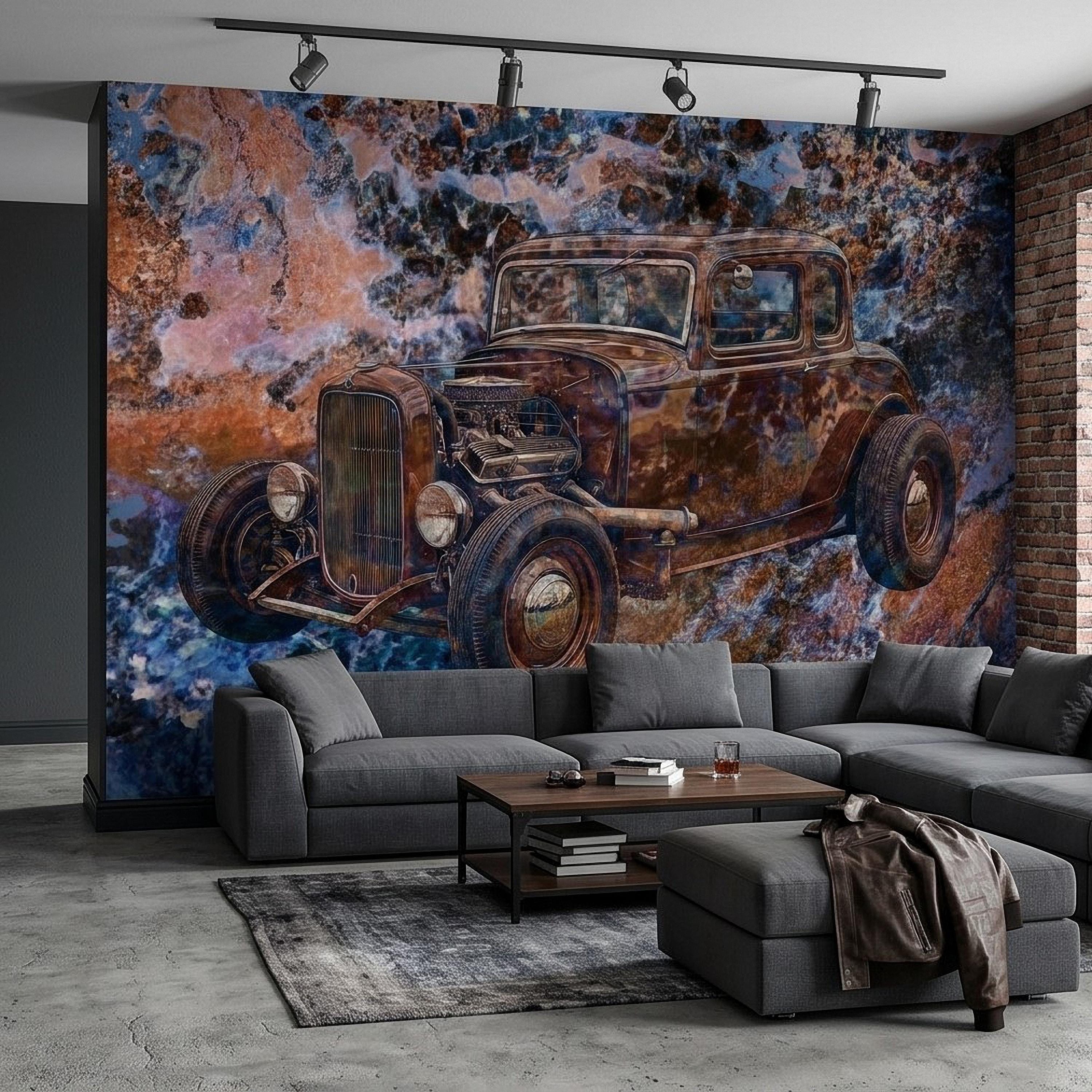 Vintage Hot Rod Car Peel and Stick Wall Mural, Classic Rat Rod Coupe, Blue Rust Grunge Texture Retro Automotive Industrial Wallpaper