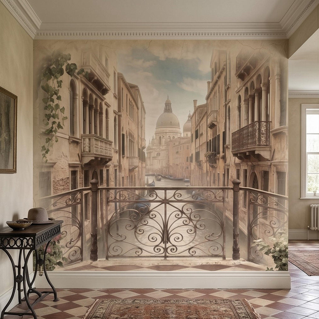 Venice Canal Peel and Stick Wall Mural, Vintage Italy Balcony View, Gondola Grand Canal Scene, Old World Italian Sepia Wallpaper