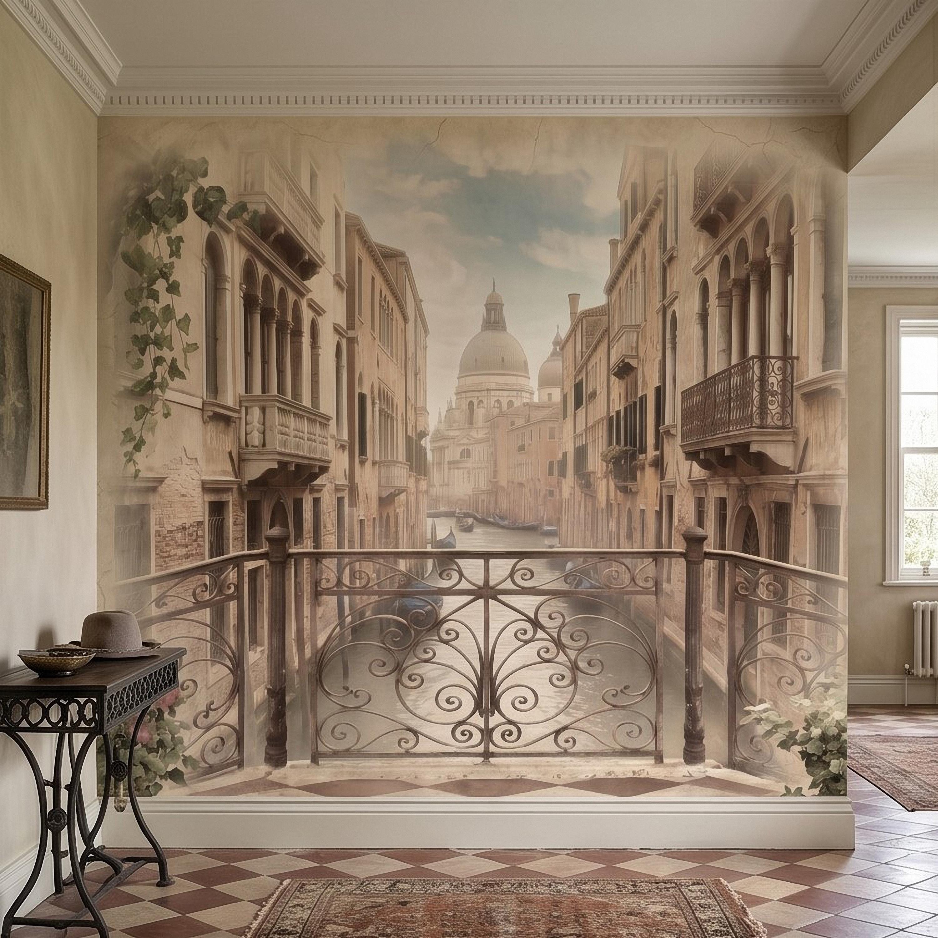 Venice Canal Peel and Stick Wall Mural, Vintage Italy Balcony View, Gondola Grand Canal Scene, Old World Italian Sepia Wallpaper