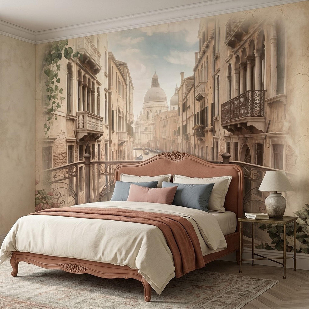 Venice Canal Peel and Stick Wall Mural, Vintage Italy Balcony View, Gondola Grand Canal Scene, Old World Italian Sepia Wallpaper