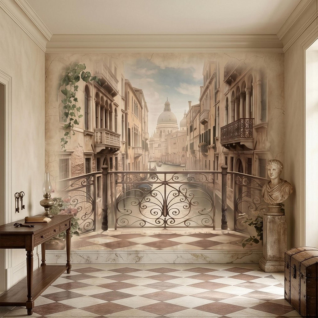 Venice Canal Peel and Stick Wall Mural, Vintage Italy Balcony View, Gondola Grand Canal Scene, Old World Italian Sepia Wallpaper