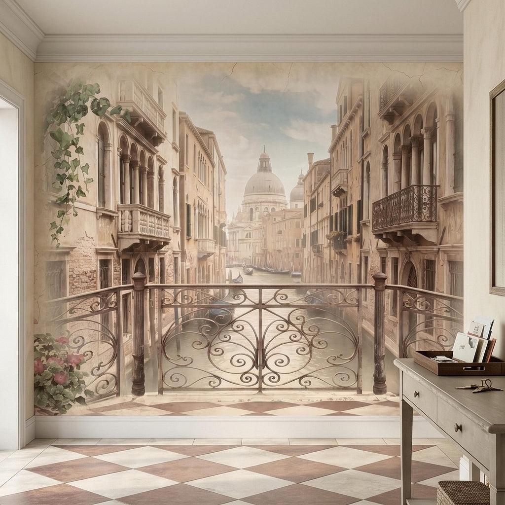 Venice Canal Peel and Stick Wall Mural, Vintage Italy Balcony View, Gondola Grand Canal Scene, Old World Italian Sepia Wallpaper