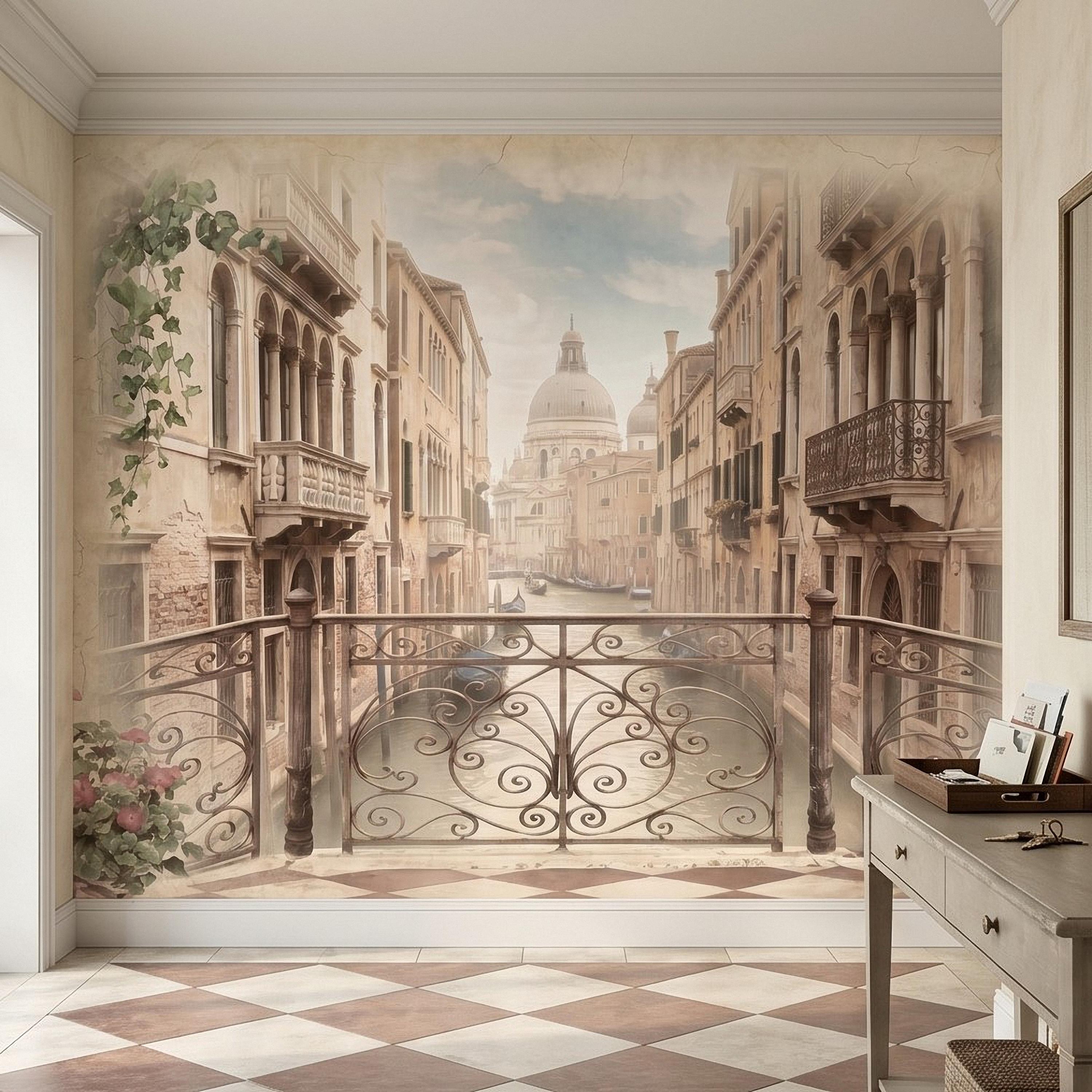 Venice Canal Peel and Stick Wall Mural, Vintage Italy Balcony View, Gondola Grand Canal Scene, Old World Italian Sepia Wallpaper