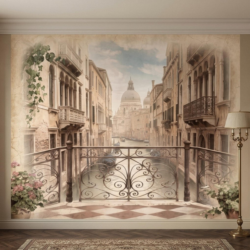 Venice Canal Peel and Stick Wall Mural, Vintage Italy Balcony View, Gondola Grand Canal Scene, Old World Italian Sepia Wallpaper