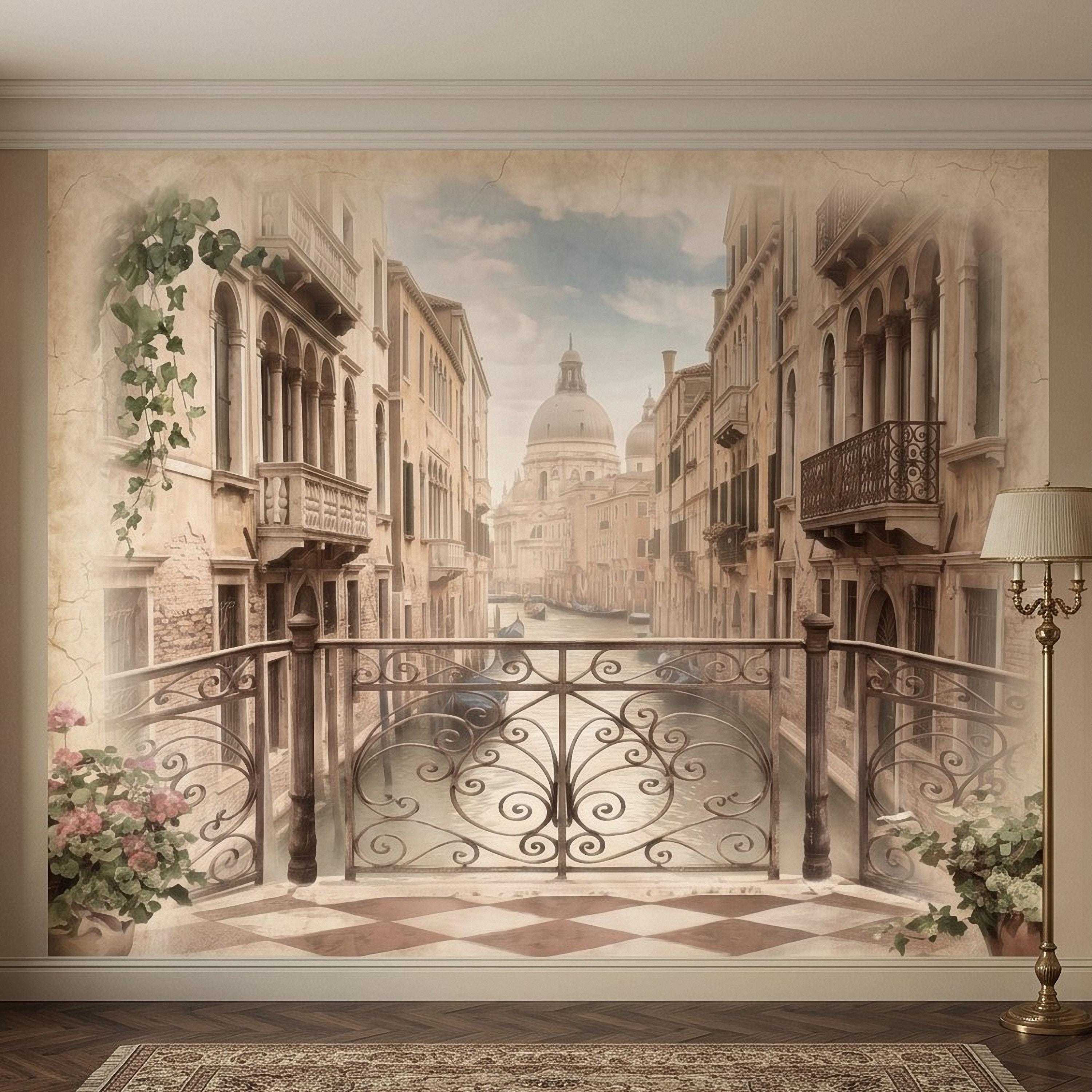 Venice Canal Peel and Stick Wall Mural, Vintage Italy Balcony View, Gondola Grand Canal Scene, Old World Italian Sepia Wallpaper