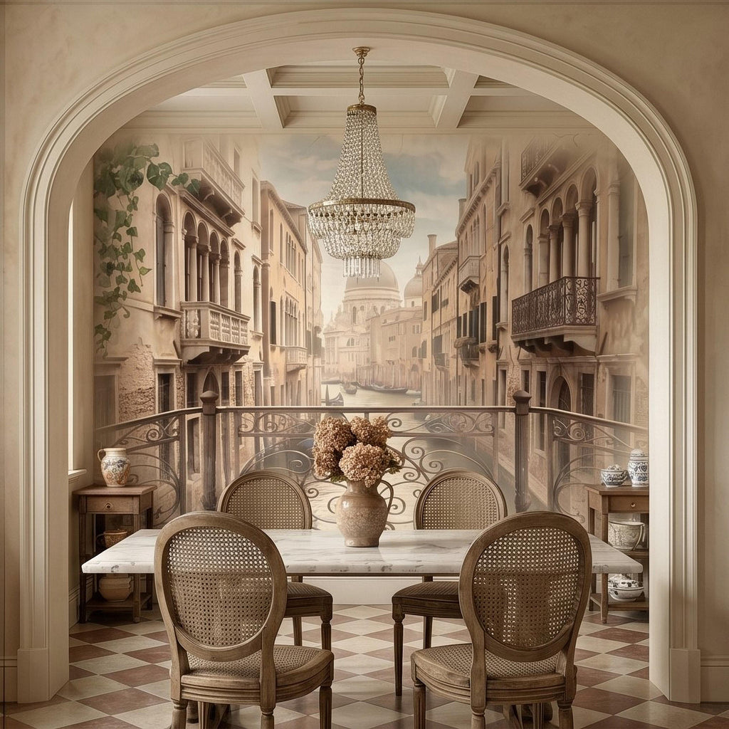 Venice Canal Peel and Stick Wall Mural, Vintage Italy Balcony View, Gondola Grand Canal Scene, Old World Italian Sepia Wallpaper