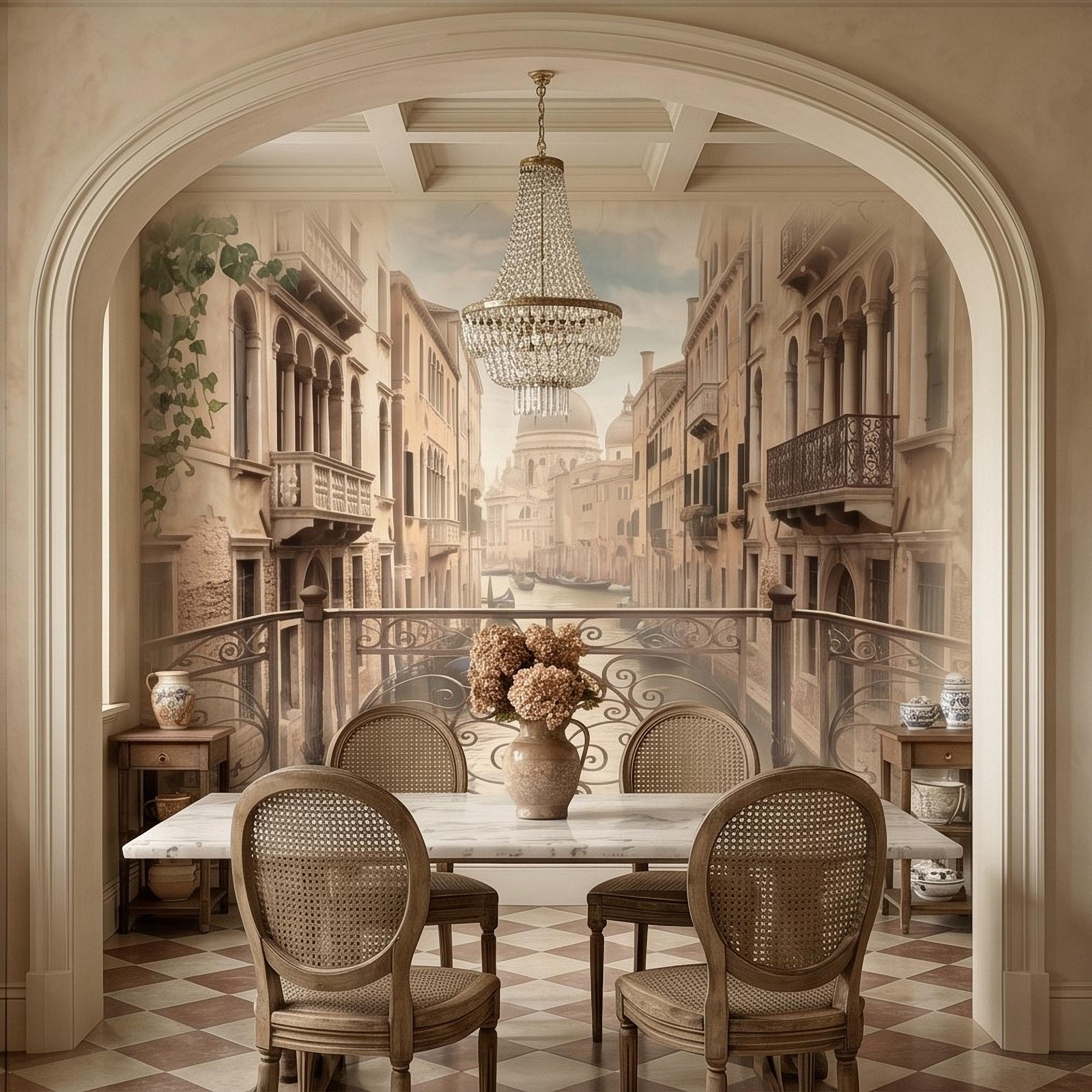 Venice Canal Peel and Stick Wall Mural, Vintage Italy Balcony View, Gondola Grand Canal Scene, Old World Italian Sepia Wallpaper
