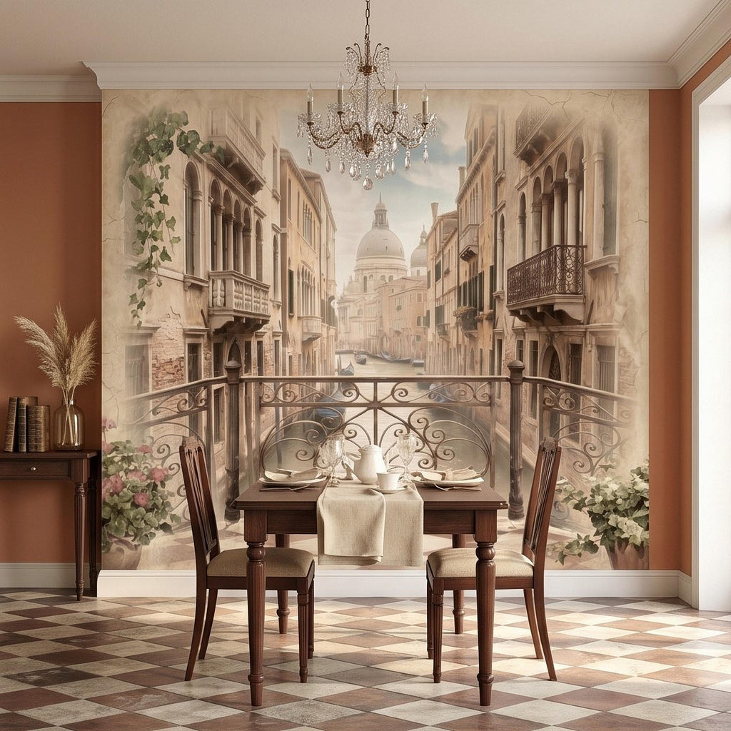 Venice Canal Peel and Stick Wall Mural, Vintage Italy Balcony View, Gondola Grand Canal Scene, Old World Italian Sepia Wallpaper