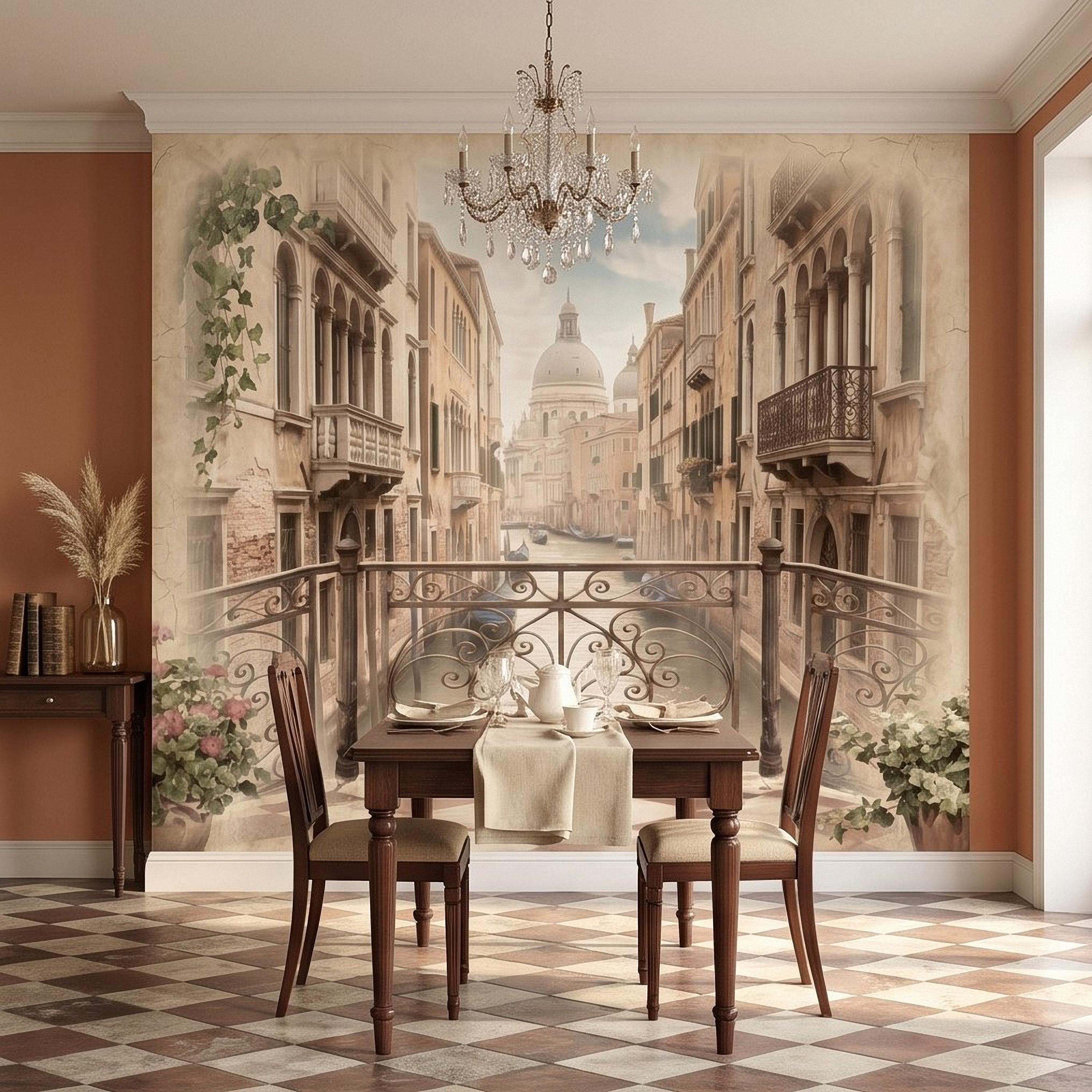Venice Canal Peel and Stick Wall Mural, Vintage Italy Balcony View, Gondola Grand Canal Scene, Old World Italian Sepia Wallpaper