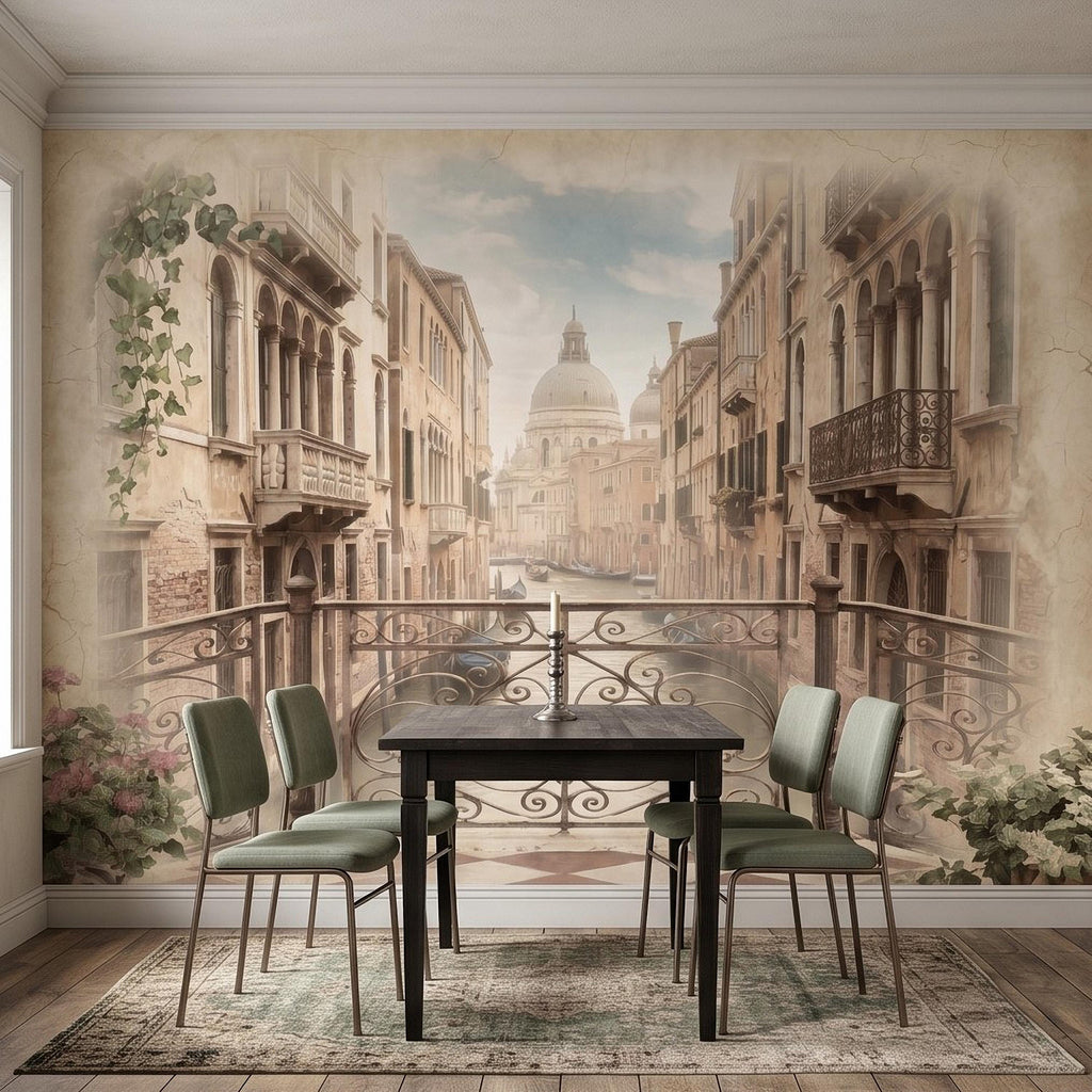 Venice Canal Peel and Stick Wall Mural, Vintage Italy Balcony View, Gondola Grand Canal Scene, Old World Italian Sepia Wallpaper