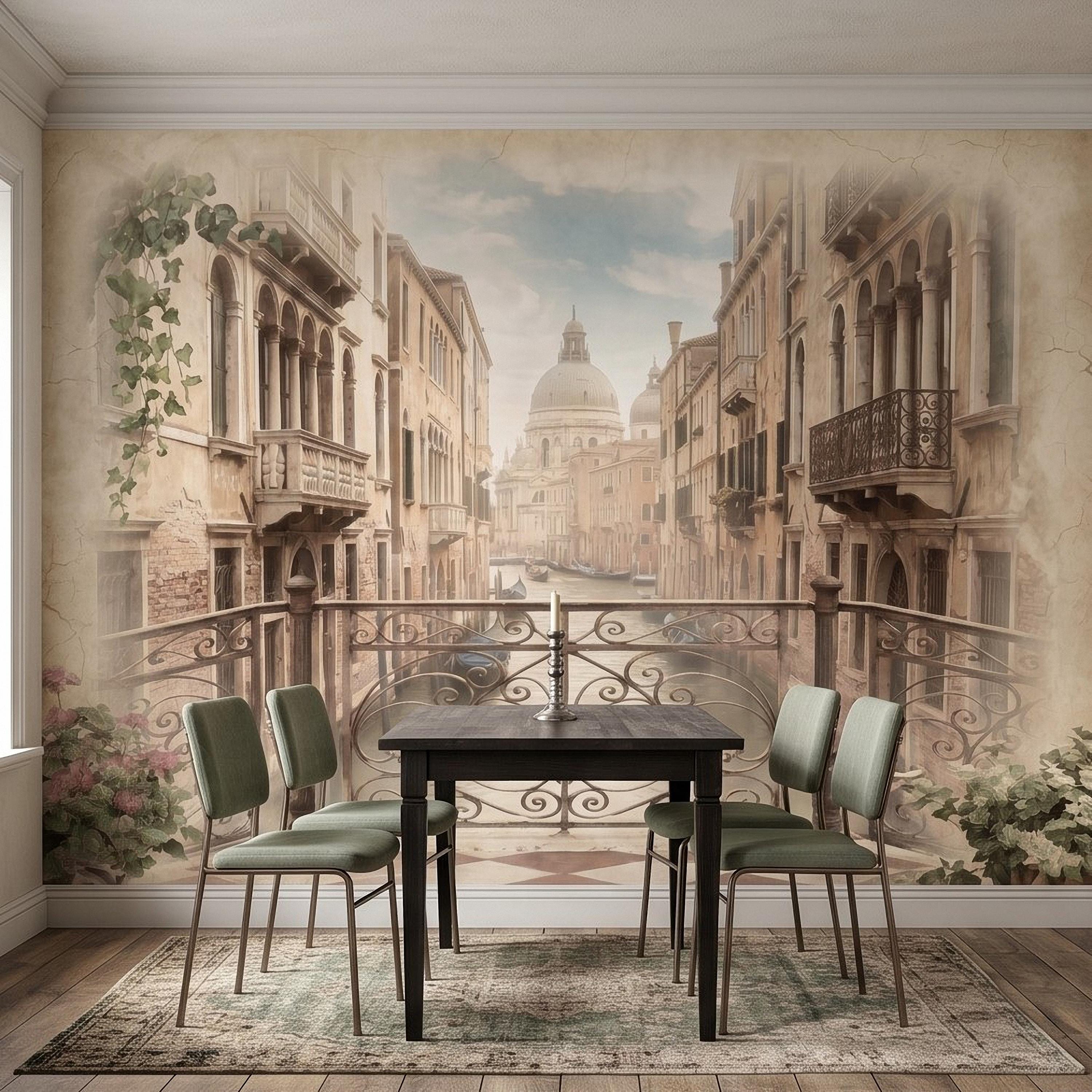 Venice Canal Peel and Stick Wall Mural, Vintage Italy Balcony View, Gondola Grand Canal Scene, Old World Italian Sepia Wallpaper