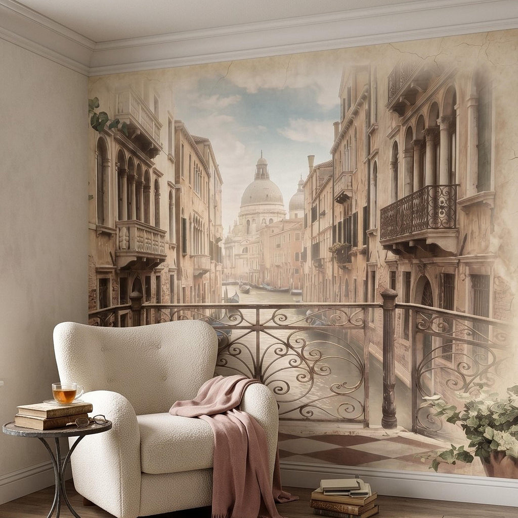 Venice Canal Peel and Stick Wall Mural, Vintage Italy Balcony View, Gondola Grand Canal Scene, Old World Italian Sepia Wallpaper
