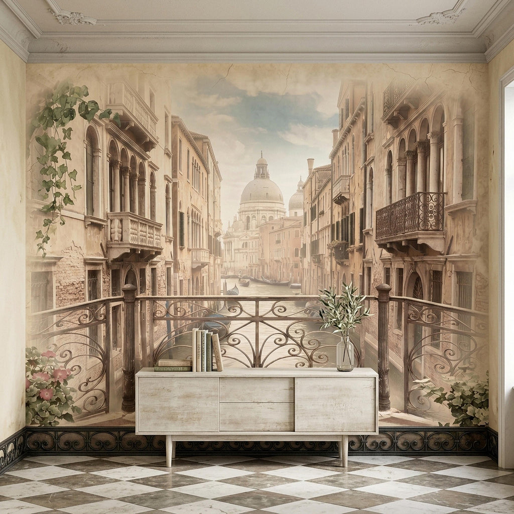 Venice Canal Peel and Stick Wall Mural, Vintage Italy Balcony View, Gondola Grand Canal Scene, Old World Italian Sepia Wallpaper