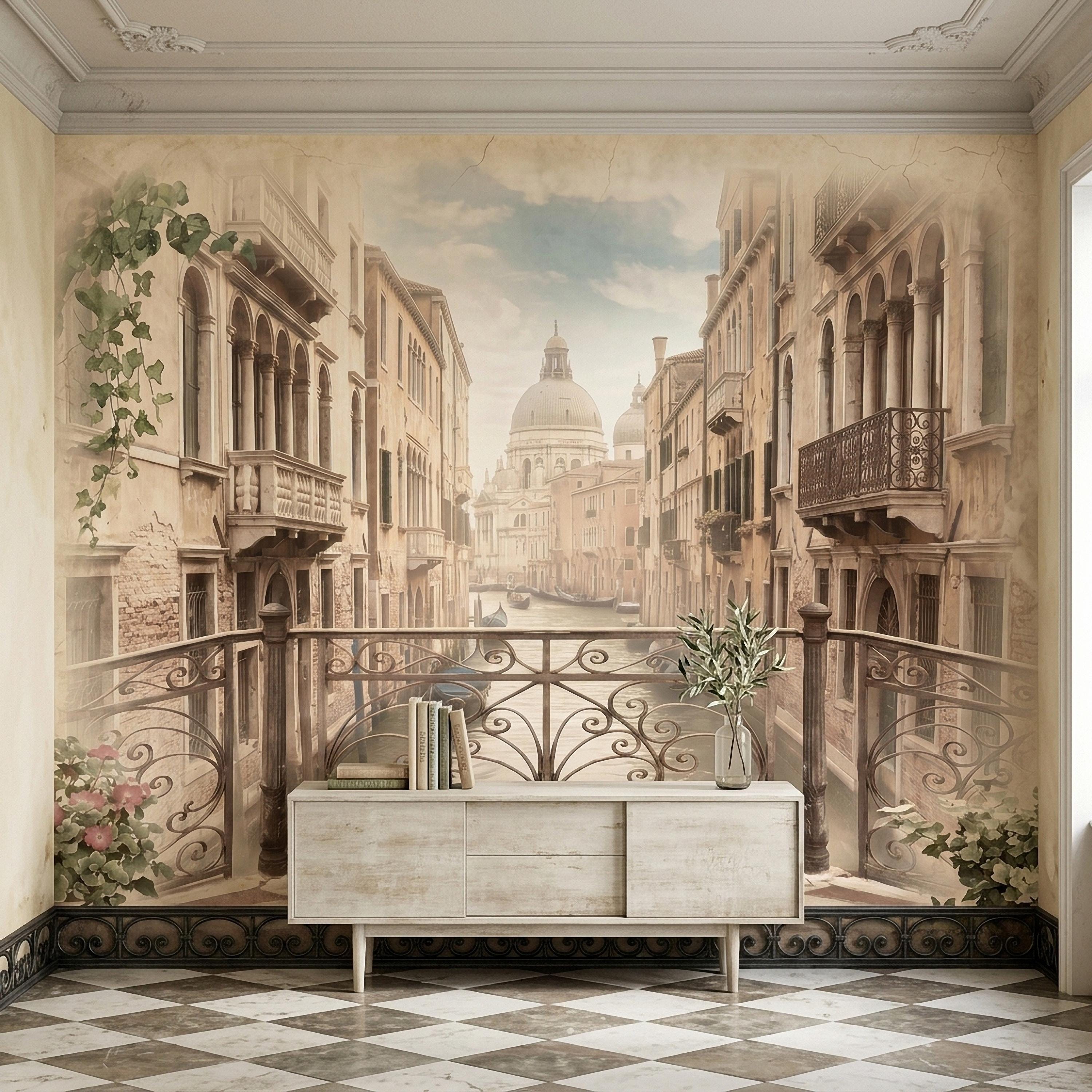 Venice Canal Peel and Stick Wall Mural, Vintage Italy Balcony View, Gondola Grand Canal Scene, Old World Italian Sepia Wallpaper