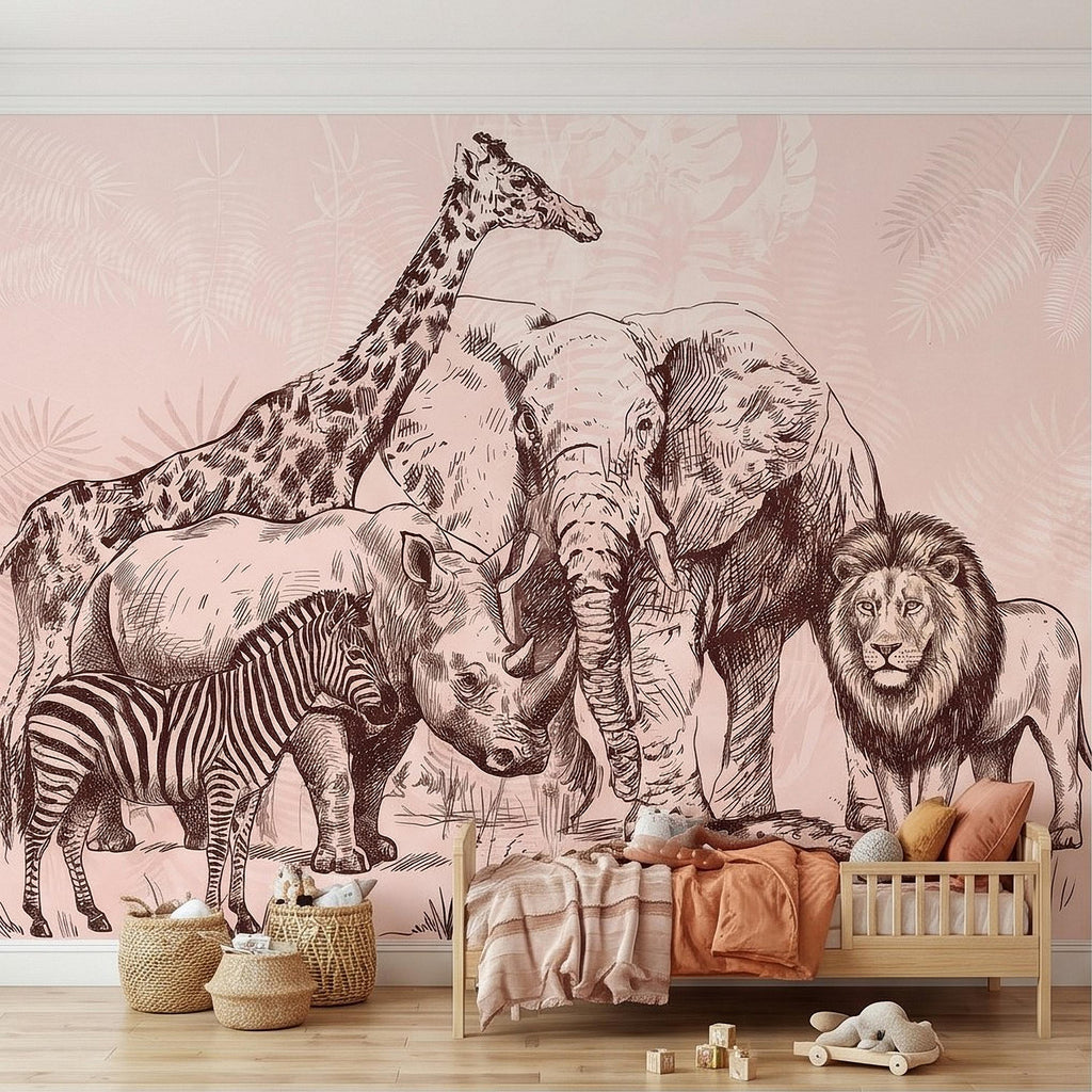 Vintage Safari Peel and Stick Wall Mural, Detailed Wildlife Engraving with Elephant Lion Giraffe Zebra, Blush Pink Botanical Wallpaper