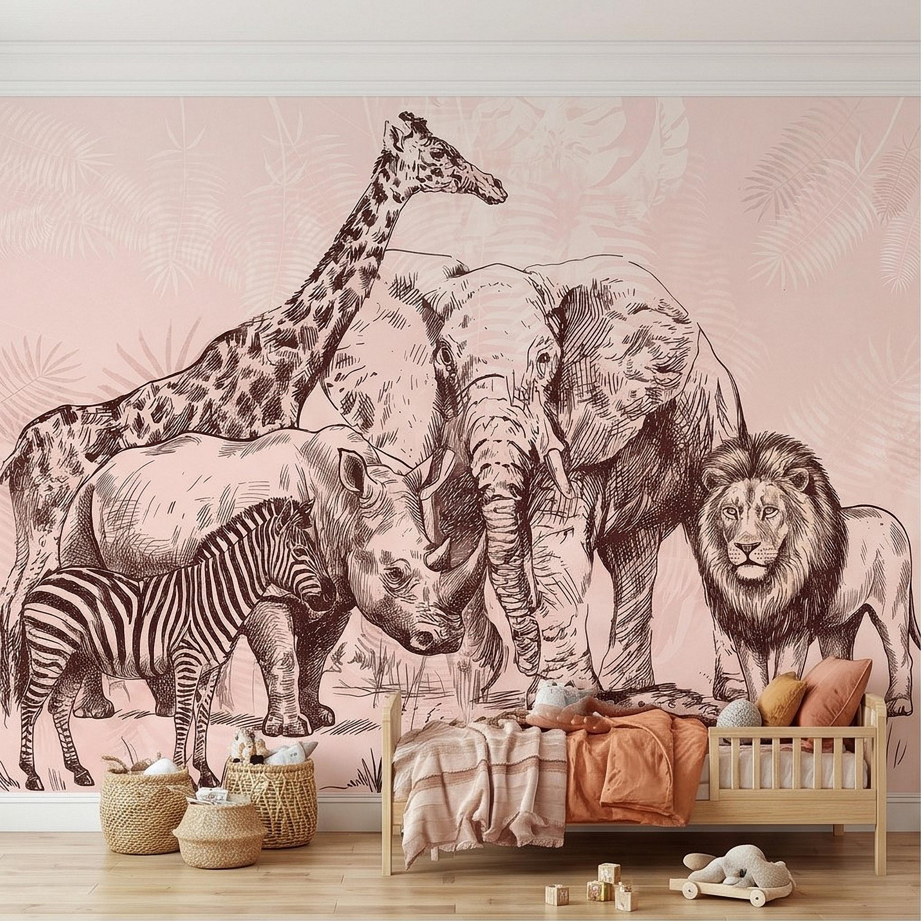 Vintage Safari Peel and Stick Wall Mural, Detailed Wildlife Engraving with Elephant Lion Giraffe Zebra, Blush Pink Botanical Wallpaper