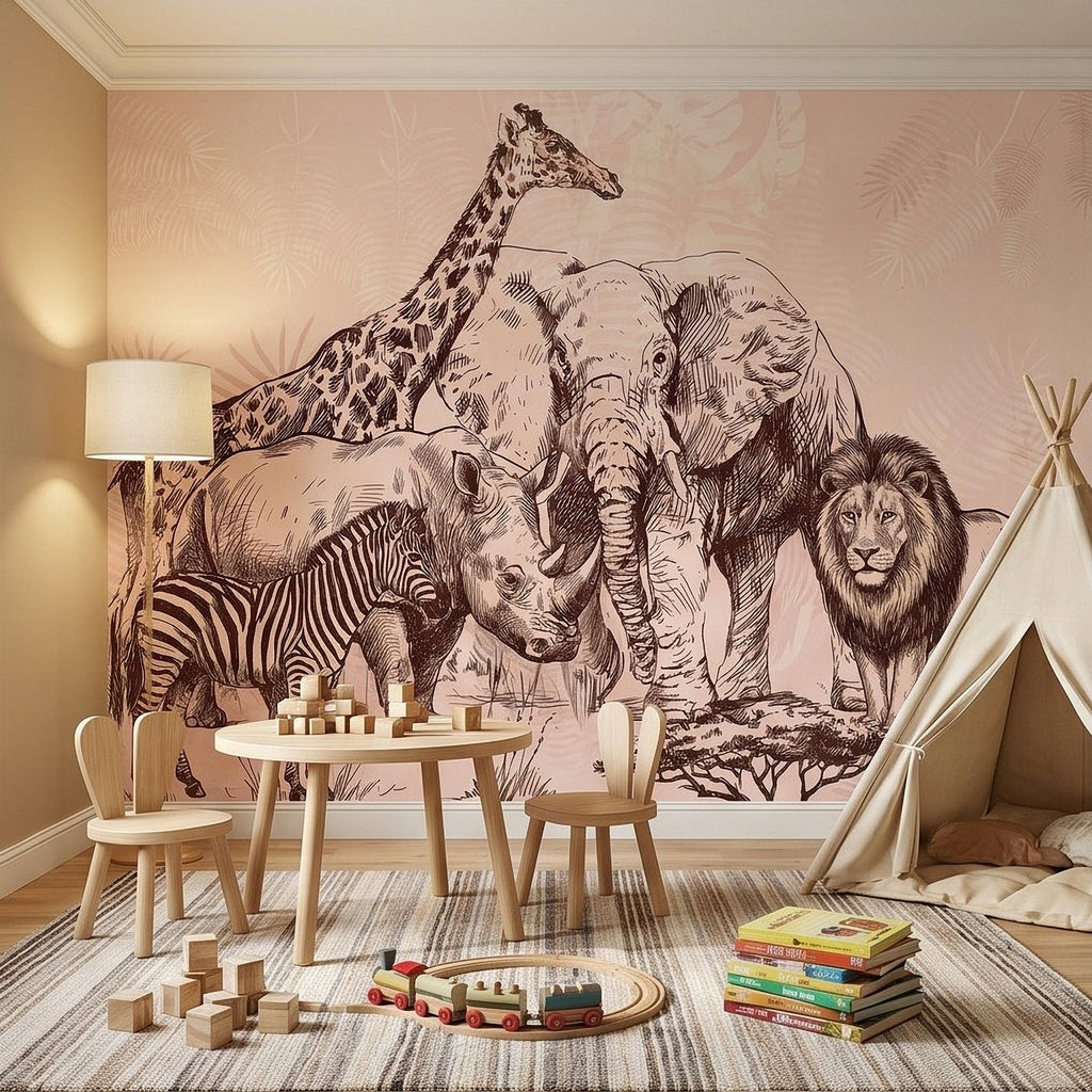 Vintage Safari Peel and Stick Wall Mural, Detailed Wildlife Engraving with Elephant Lion Giraffe Zebra, Blush Pink Botanical Wallpaper