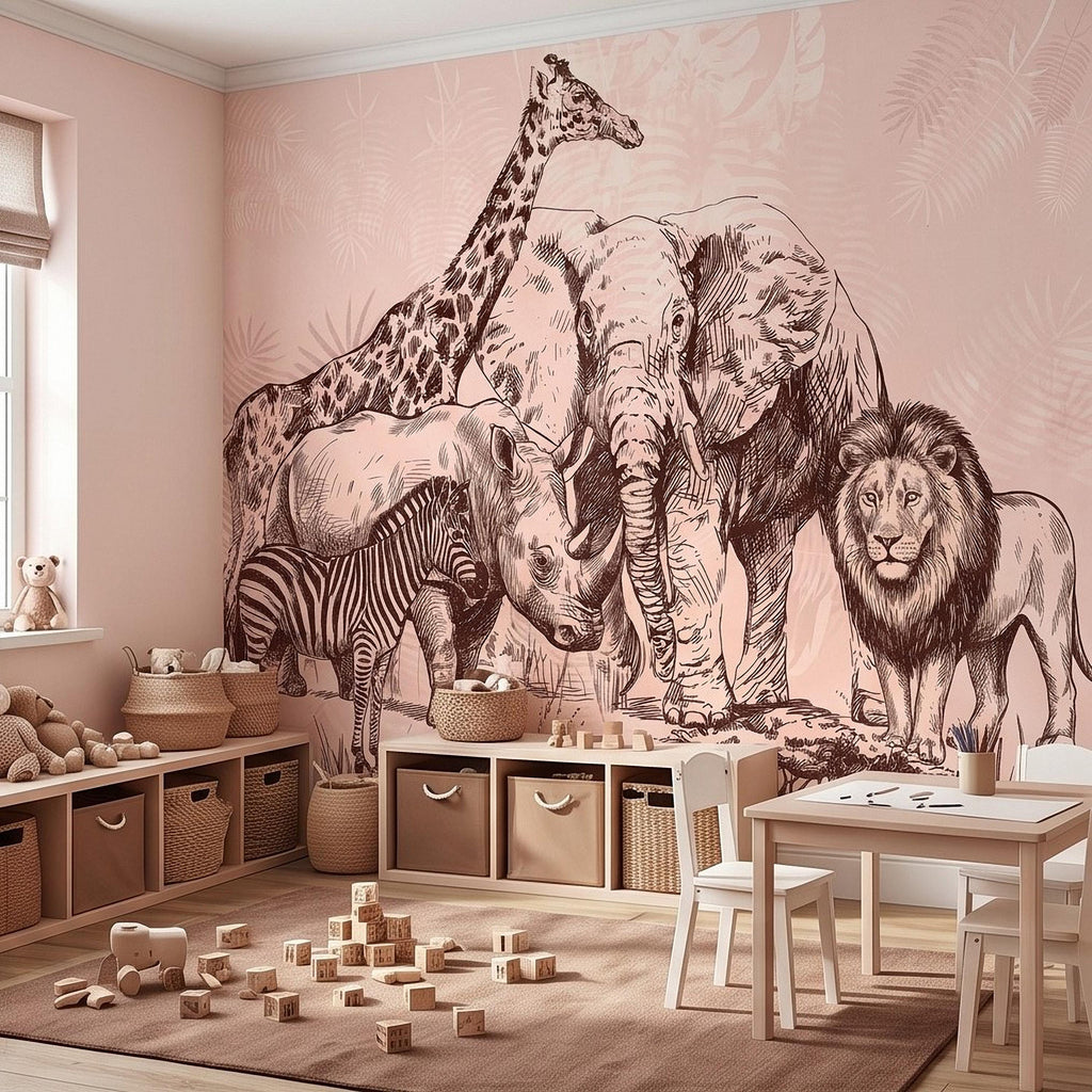 Vintage Safari Peel and Stick Wall Mural, Detailed Wildlife Engraving with Elephant Lion Giraffe Zebra, Blush Pink Botanical Wallpaper