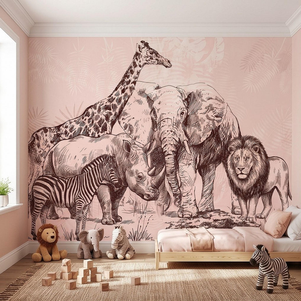 Vintage Safari Peel and Stick Wall Mural, Detailed Wildlife Engraving with Elephant Lion Giraffe Zebra, Blush Pink Botanical Wallpaper