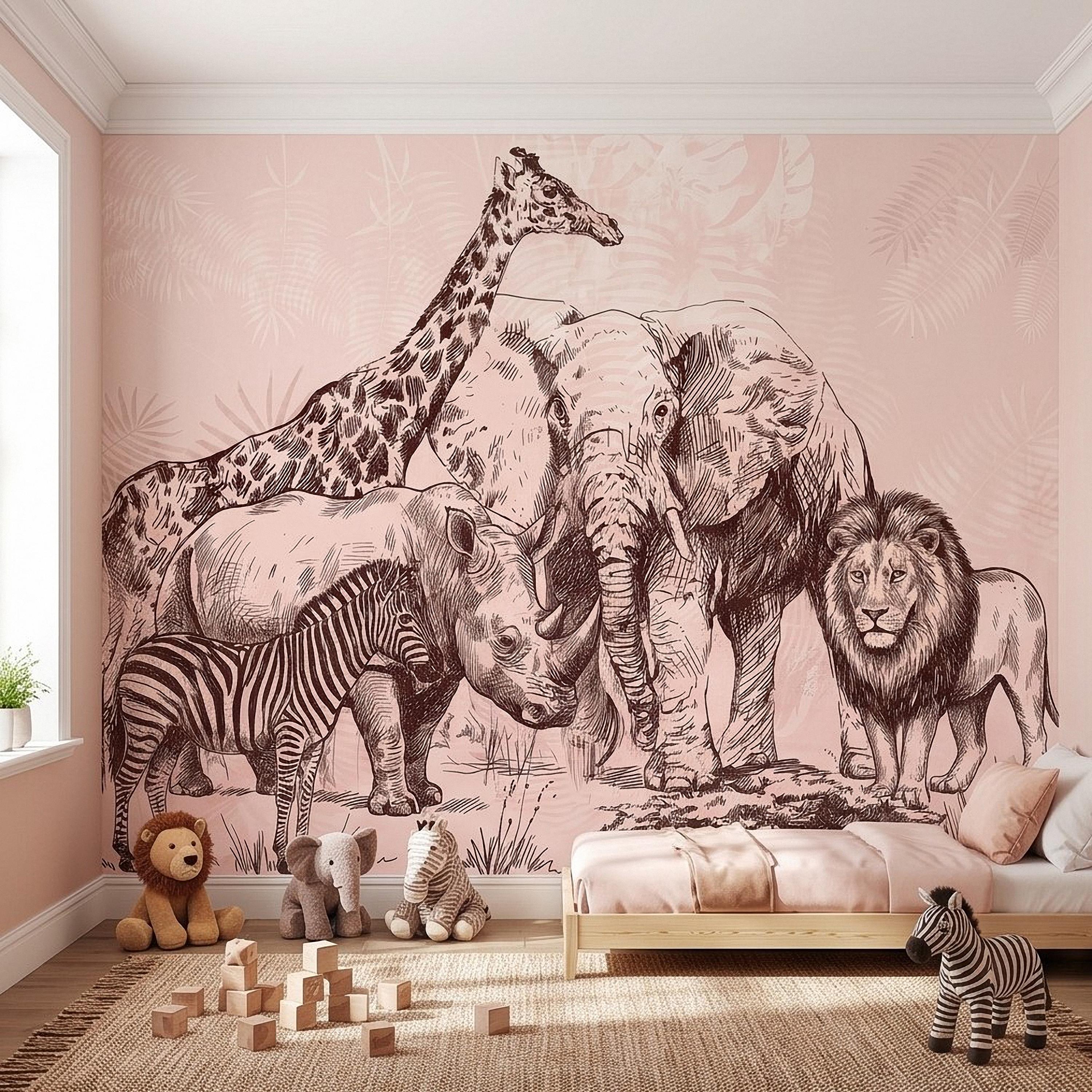 Vintage Safari Peel and Stick Wall Mural, Detailed Wildlife Engraving with Elephant Lion Giraffe Zebra, Blush Pink Botanical Wallpaper
