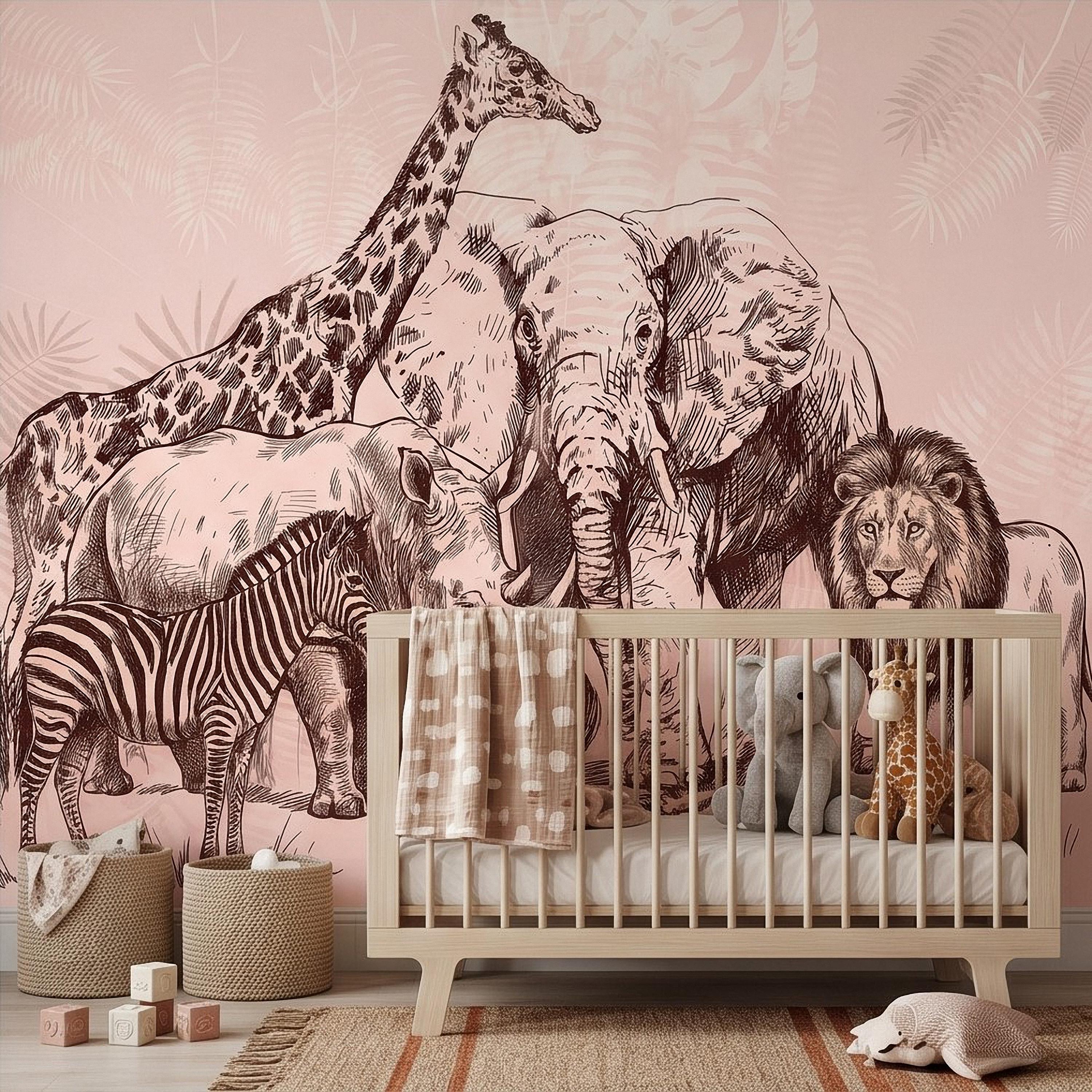 Vintage Safari Peel and Stick Wall Mural, Detailed Wildlife Engraving with Elephant Lion Giraffe Zebra, Blush Pink Botanical Wallpaper