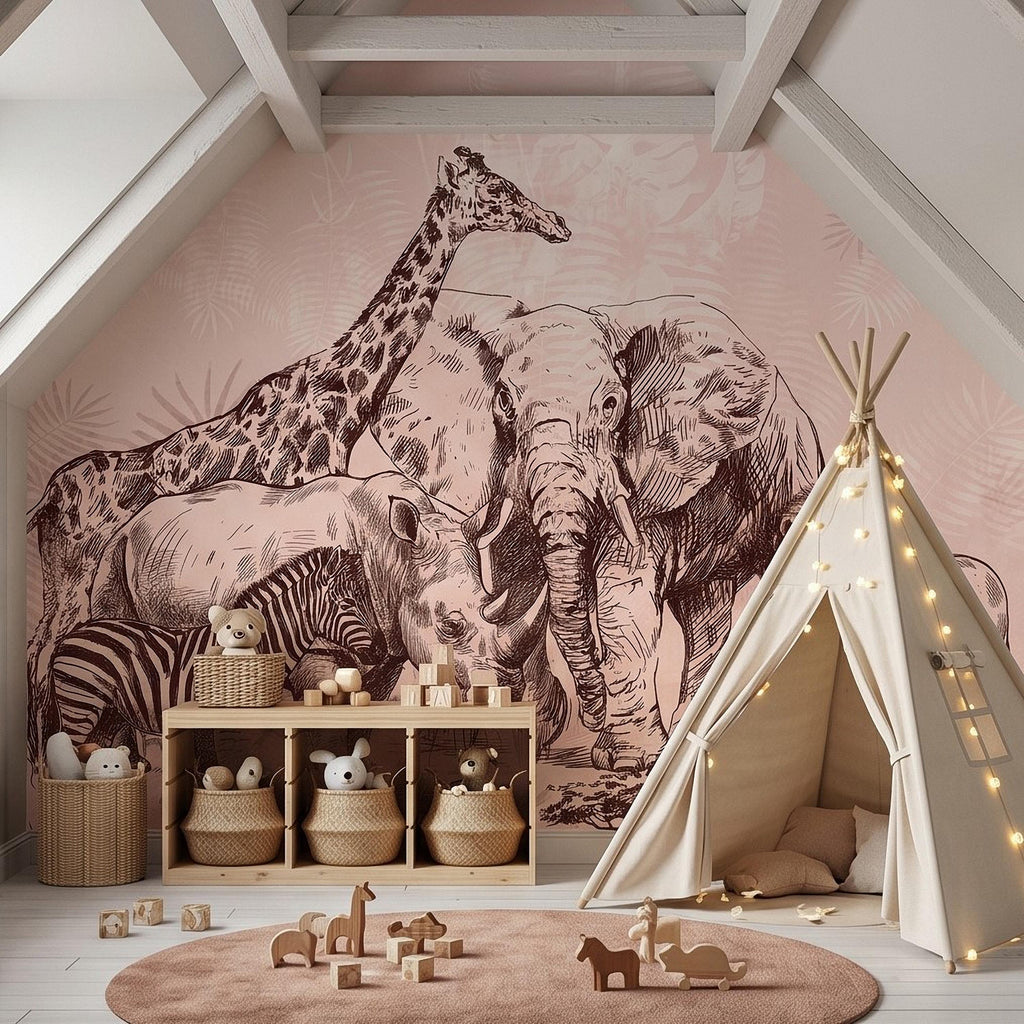 Vintage Safari Peel and Stick Wall Mural, Detailed Wildlife Engraving with Elephant Lion Giraffe Zebra, Blush Pink Botanical Wallpaper
