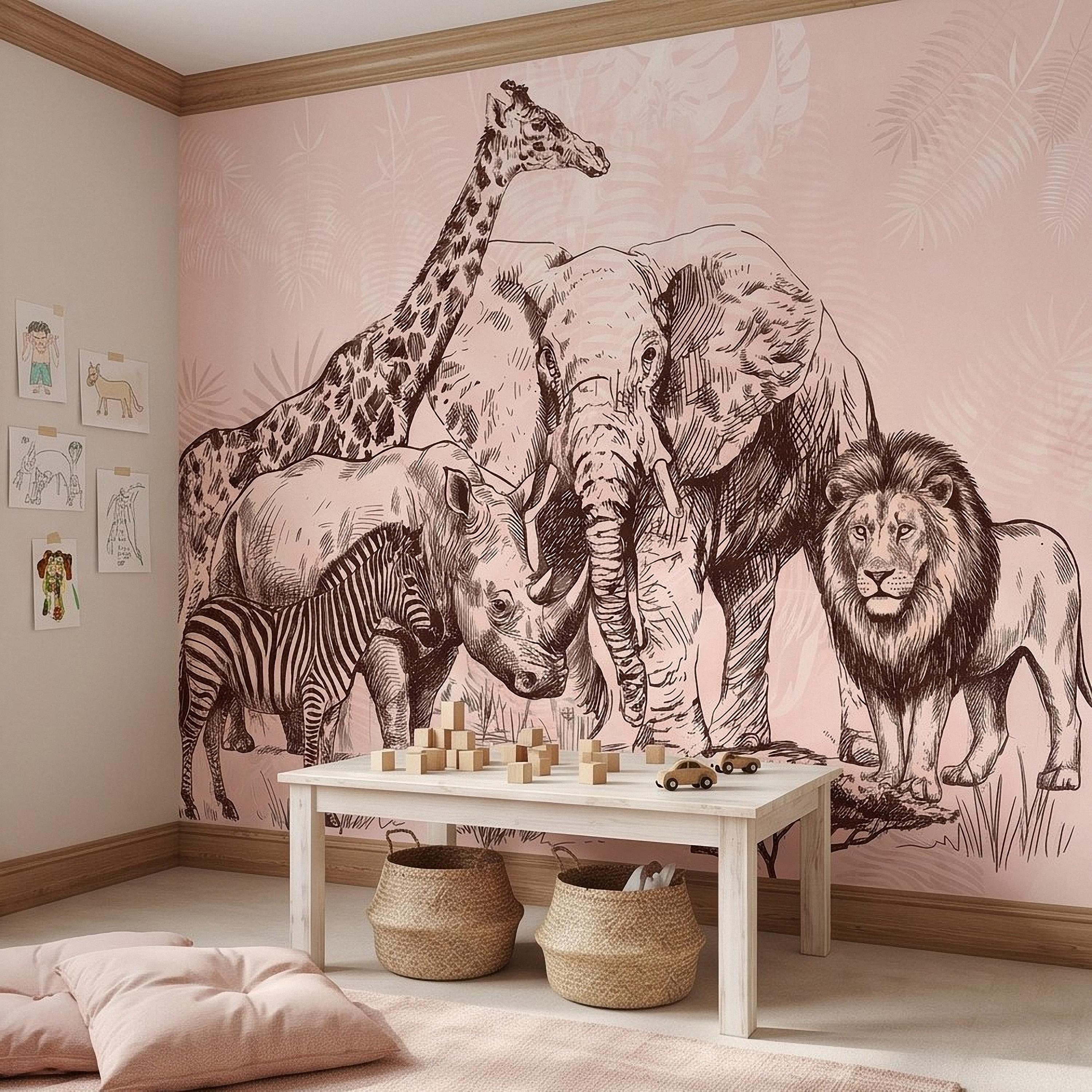 Vintage Safari Peel and Stick Wall Mural, Detailed Wildlife Engraving with Elephant Lion Giraffe Zebra, Blush Pink Botanical Wallpaper