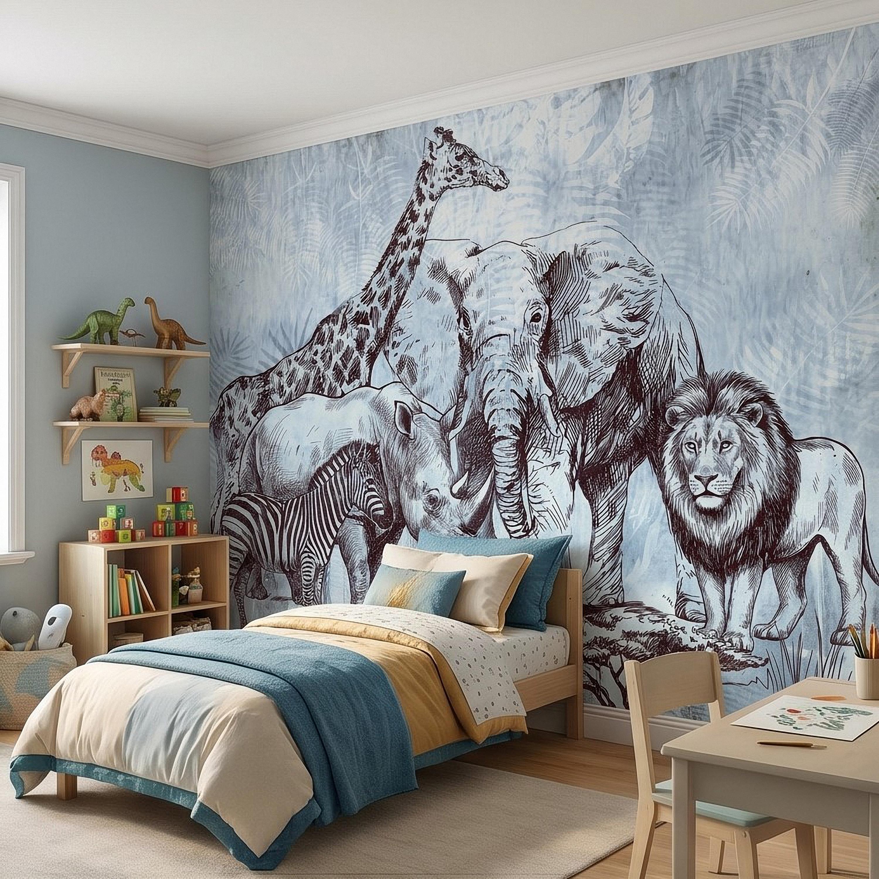 Vintage Safari Peel and Stick Wall Mural, Elephant Lion Giraffe Zebra Engraving, Blue Botanical Wildlife Wallpaper