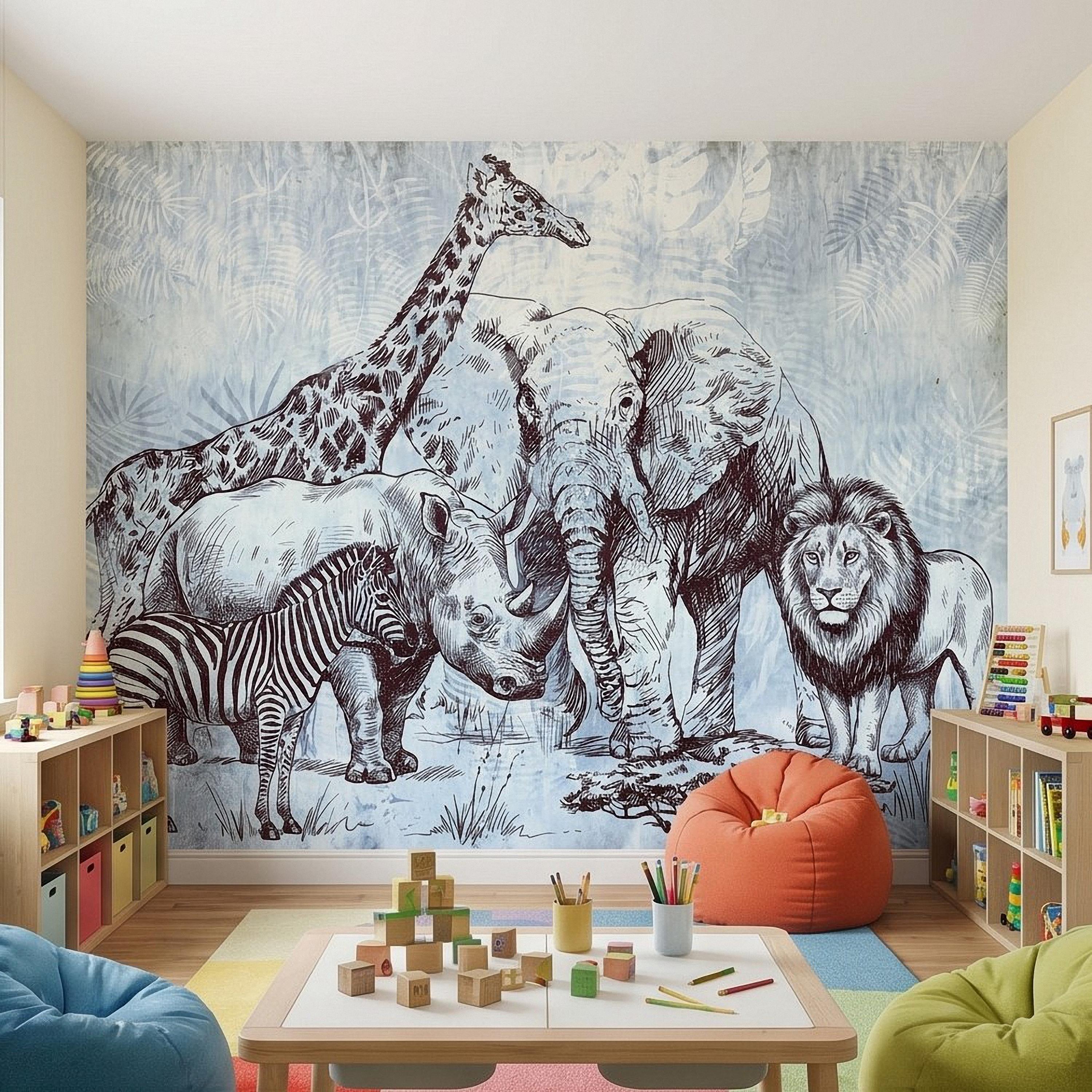 Vintage Safari Peel and Stick Wall Mural, Elephant Lion Giraffe Zebra Engraving, Blue Botanical Wildlife Wallpaper