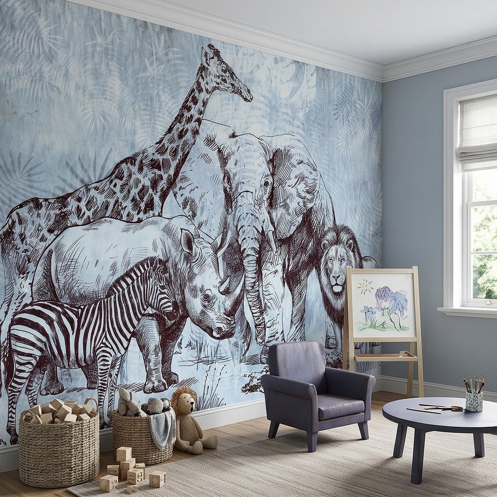 Vintage Safari Peel and Stick Wall Mural, Elephant Lion Giraffe Zebra Engraving, Blue Botanical Wildlife Wallpaper