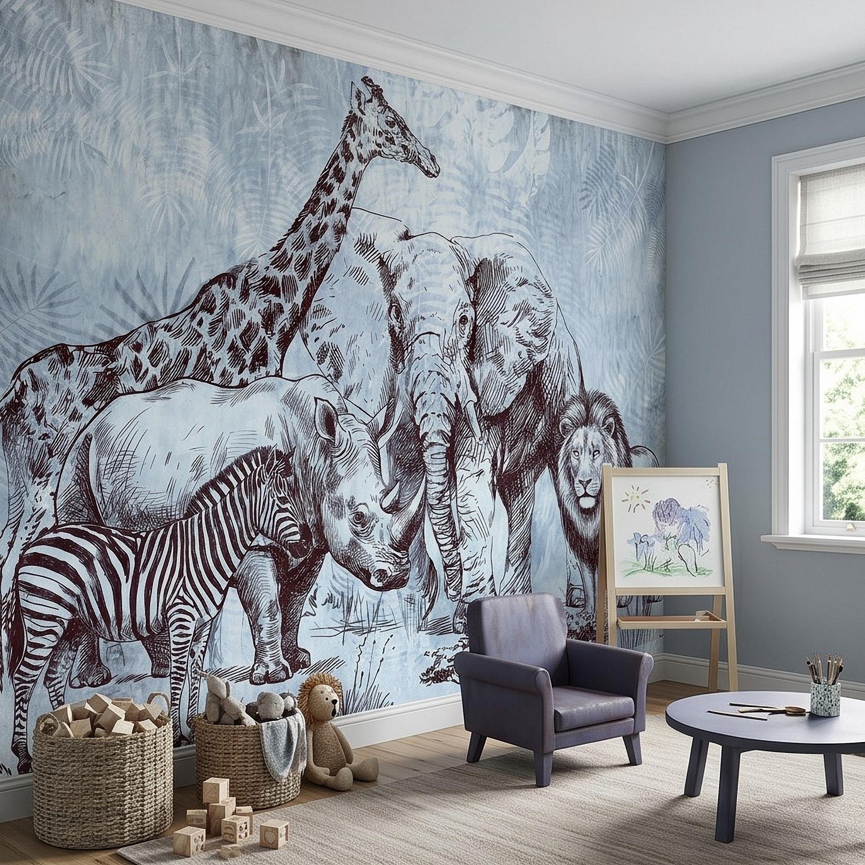 Vintage Safari Peel and Stick Wall Mural, Elephant Lion Giraffe Zebra Engraving, Blue Botanical Wildlife Wallpaper
