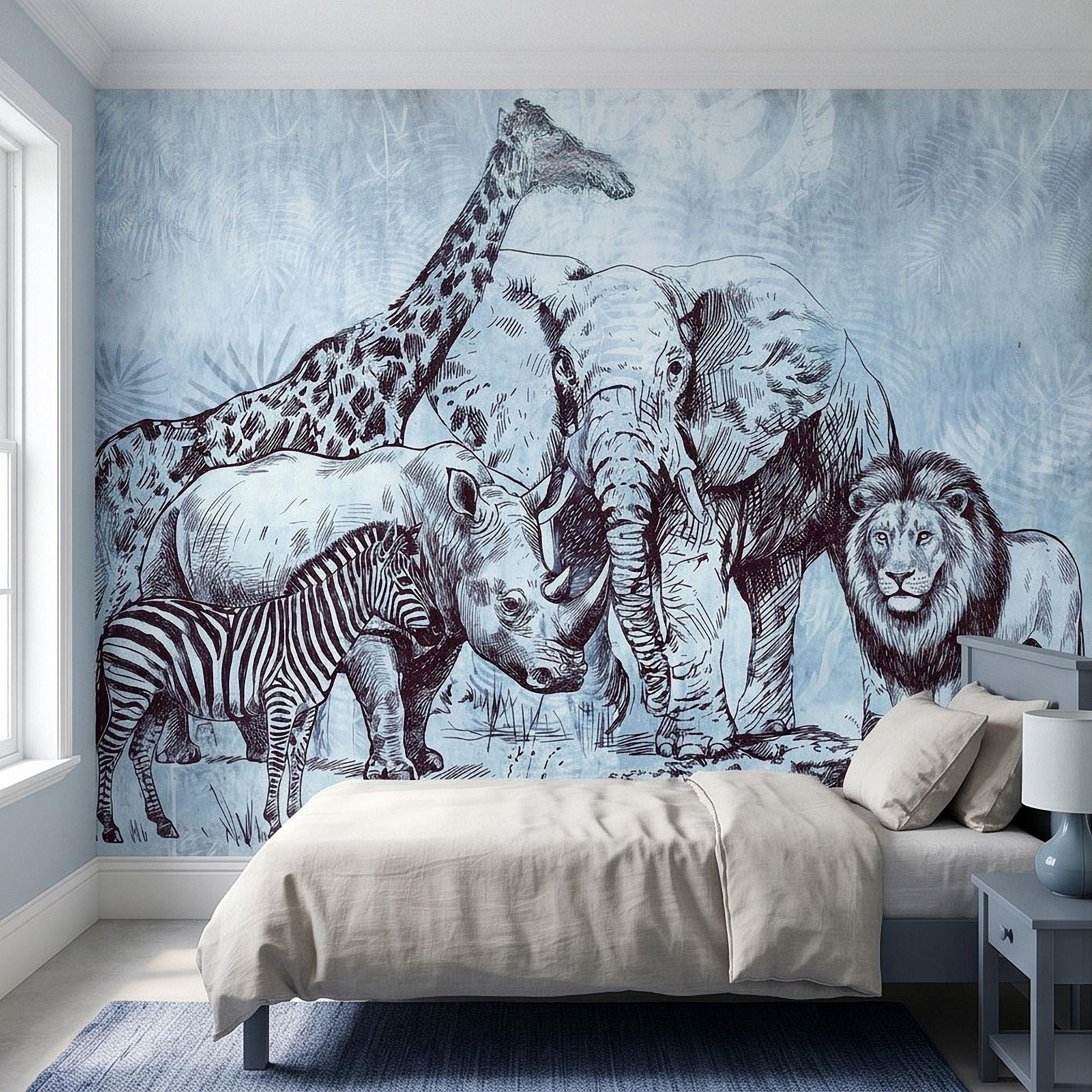 Vintage Safari Peel and Stick Wall Mural, Elephant Lion Giraffe Zebra Engraving, Blue Botanical Wildlife Wallpaper