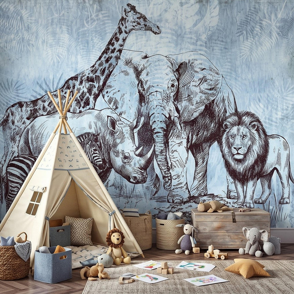 Vintage Safari Peel and Stick Wall Mural, Elephant Lion Giraffe Zebra Engraving, Blue Botanical Wildlife Wallpaper