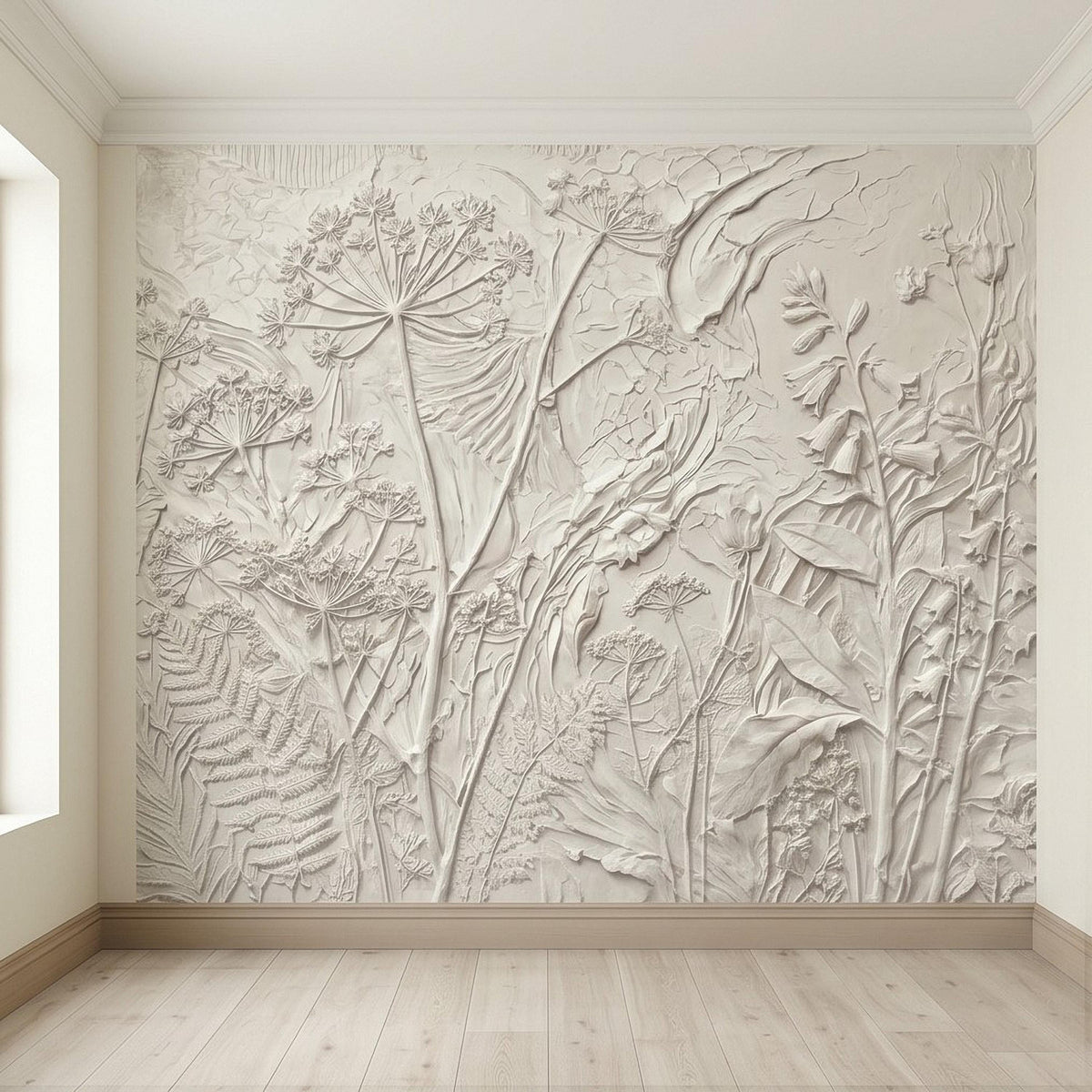 Textured floral wall mural featuring raised dandelion and fern-like plant details in light tone