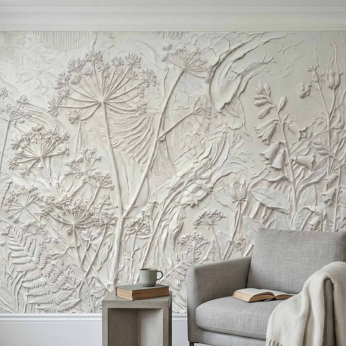 Textured floral wall mural showing raised dandelion stems and leaves in light tone