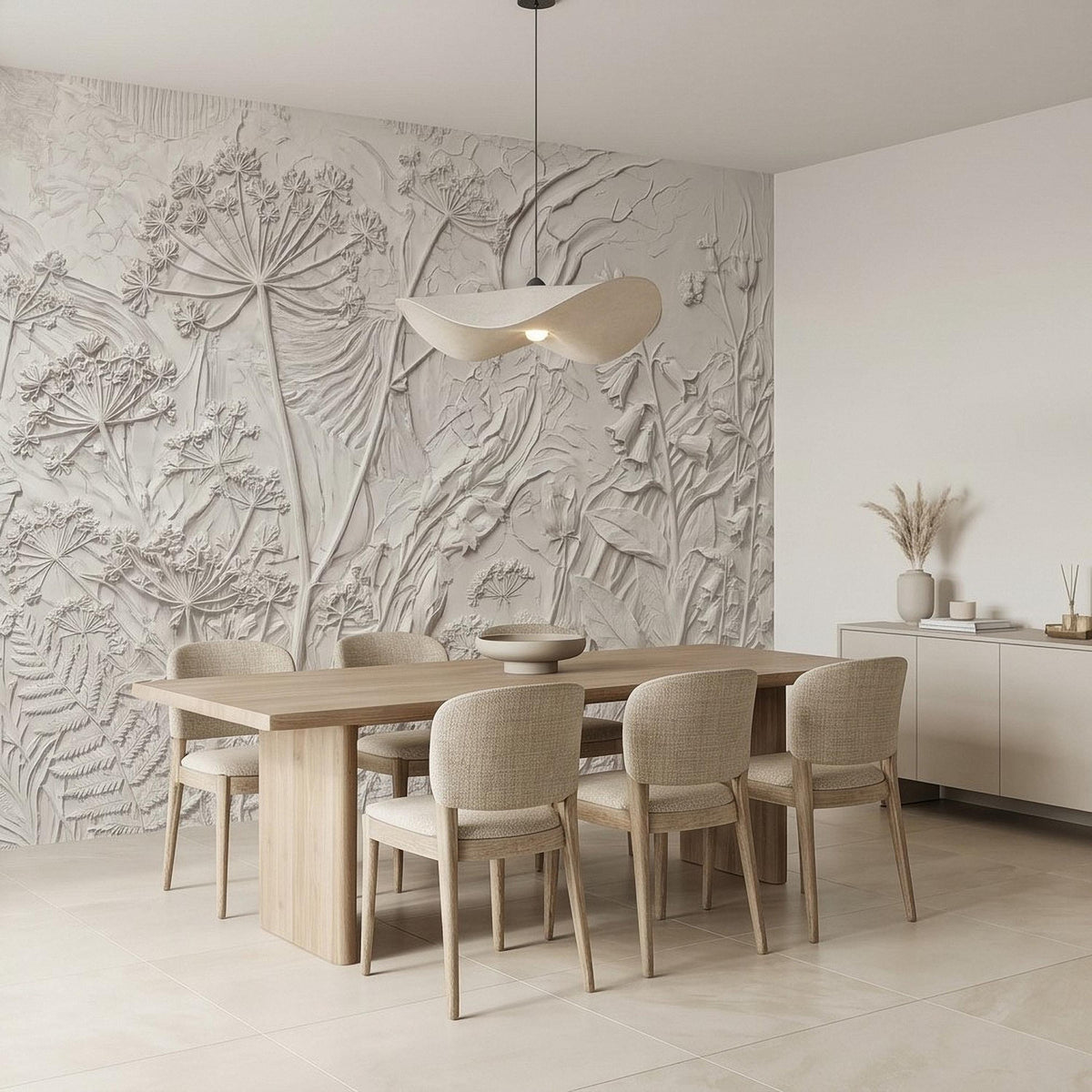 Textured floral wall mural with raised botanical relief on wall above dining table