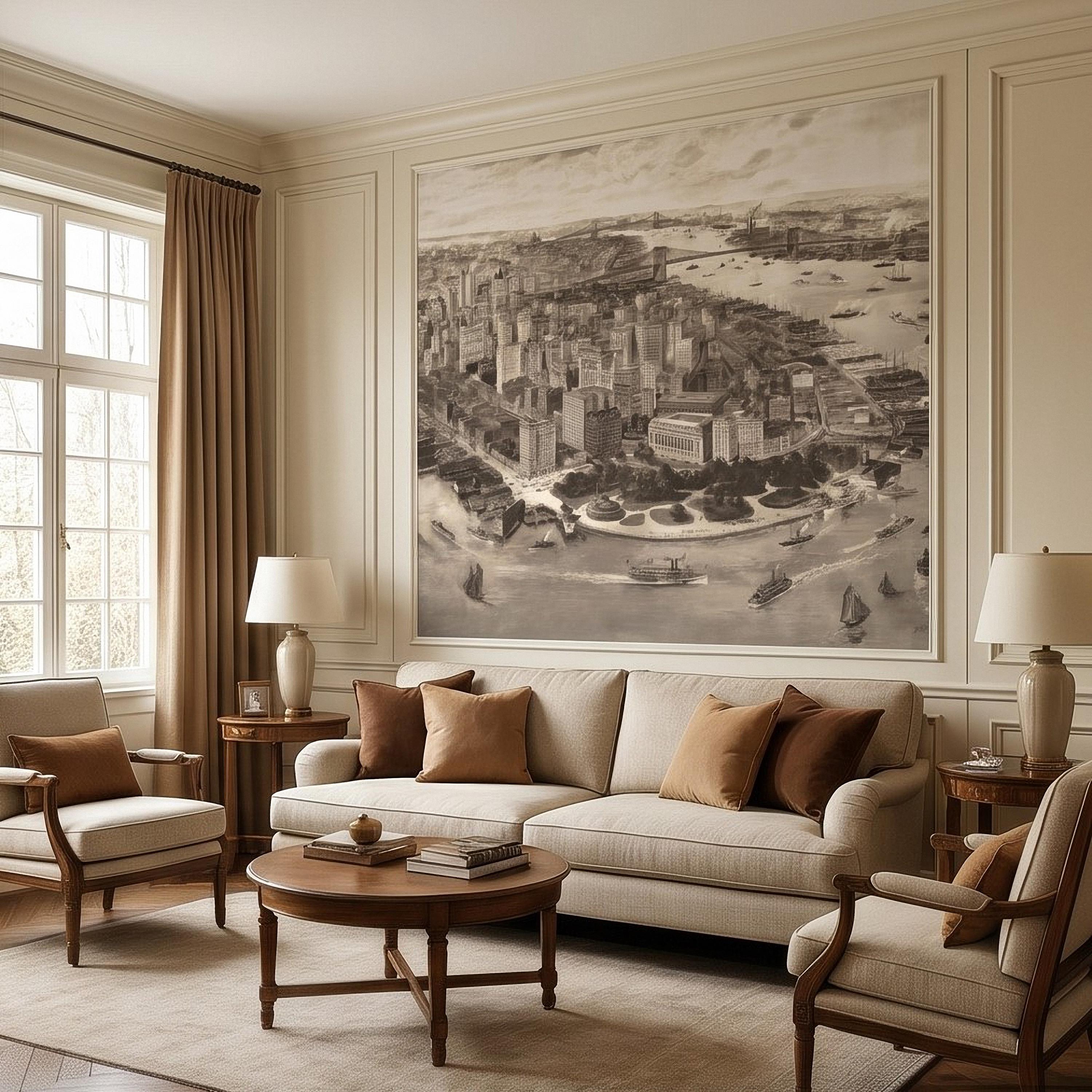 1903 New York City Vintage Peel and Stick Wall Mural, Antique Manhattan Bird's Eye View Engraving Wallpaper