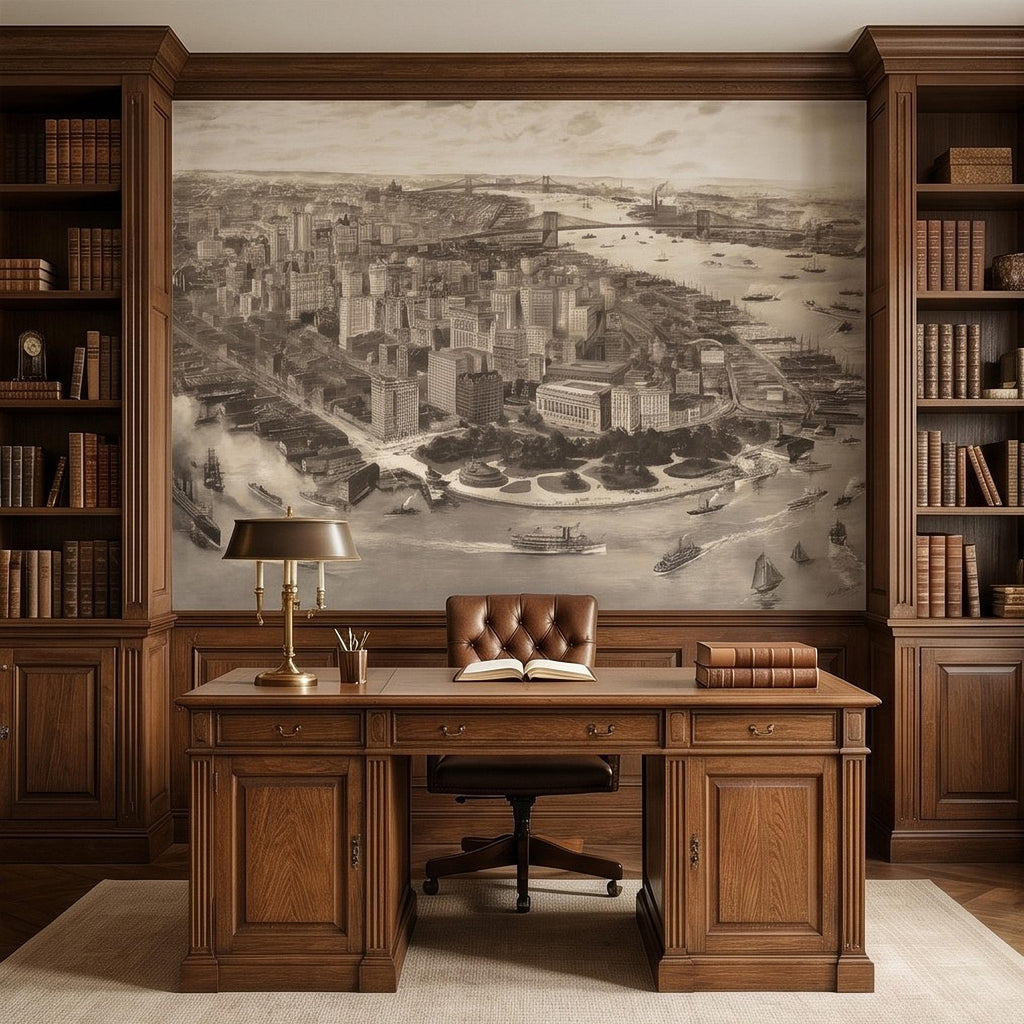 1903 New York City Vintage Peel and Stick Wall Mural, Antique Manhattan Bird's Eye View Engraving Wallpaper