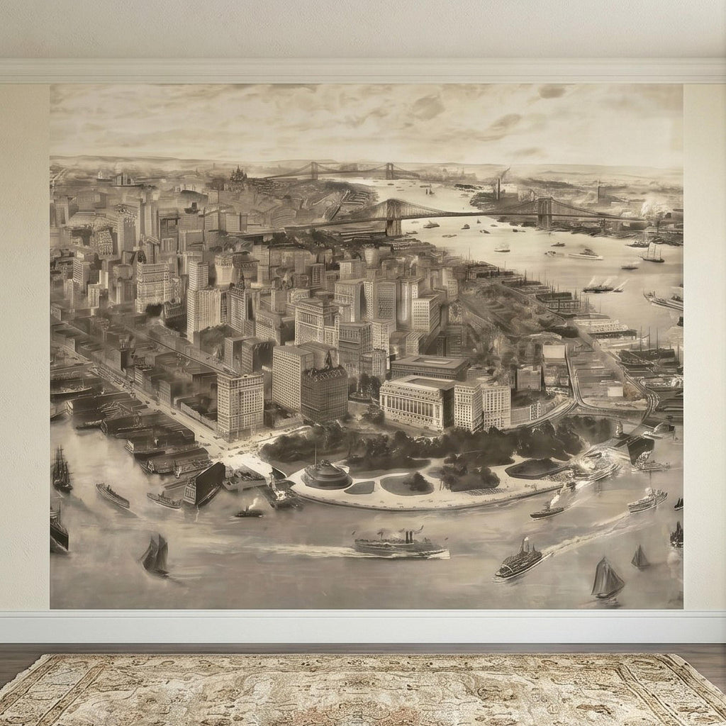 1903 New York City Vintage Peel and Stick Wall Mural, Antique Manhattan Bird's Eye View Engraving Wallpaper