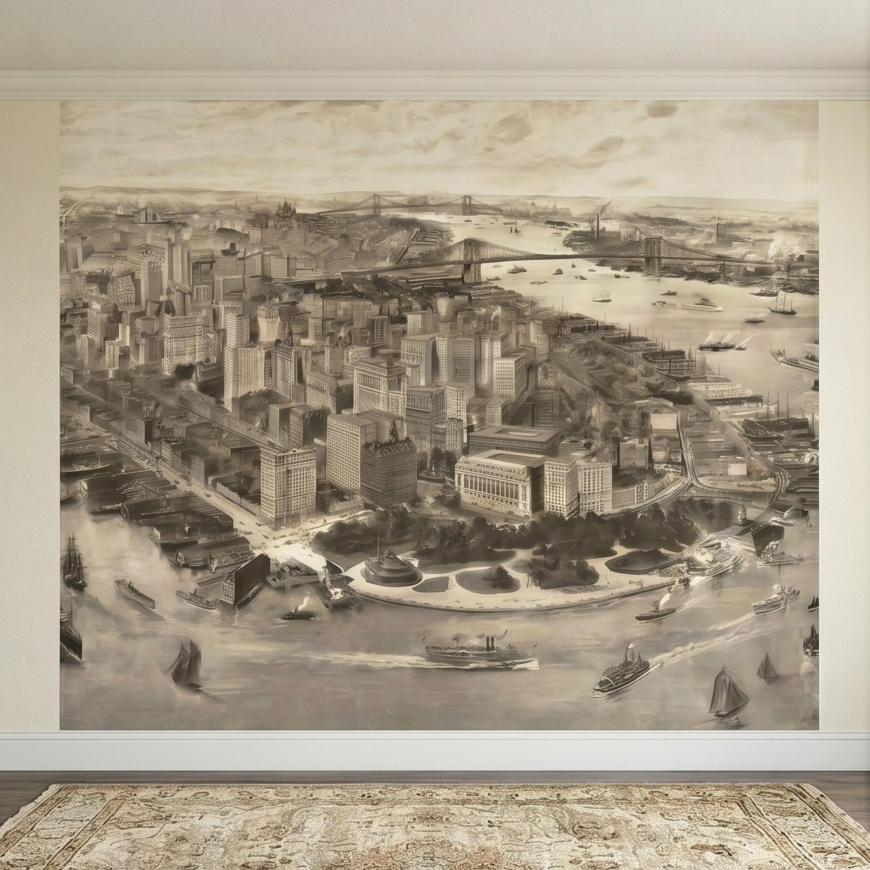 1903 New York City Vintage Peel and Stick Wall Mural, Antique Manhattan Bird's Eye View Engraving Wallpaper