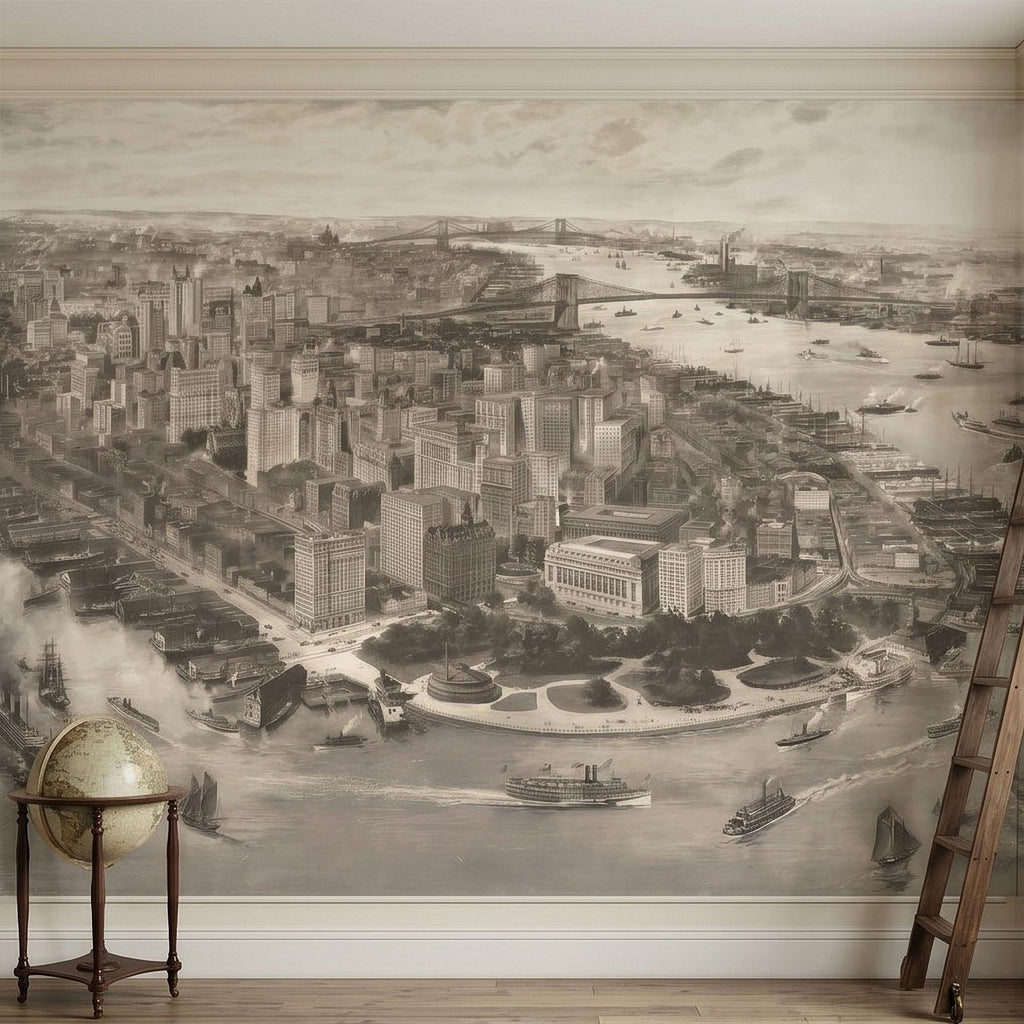 1903 New York City Vintage Peel and Stick Wall Mural, Antique Manhattan Bird's Eye View Engraving Wallpaper
