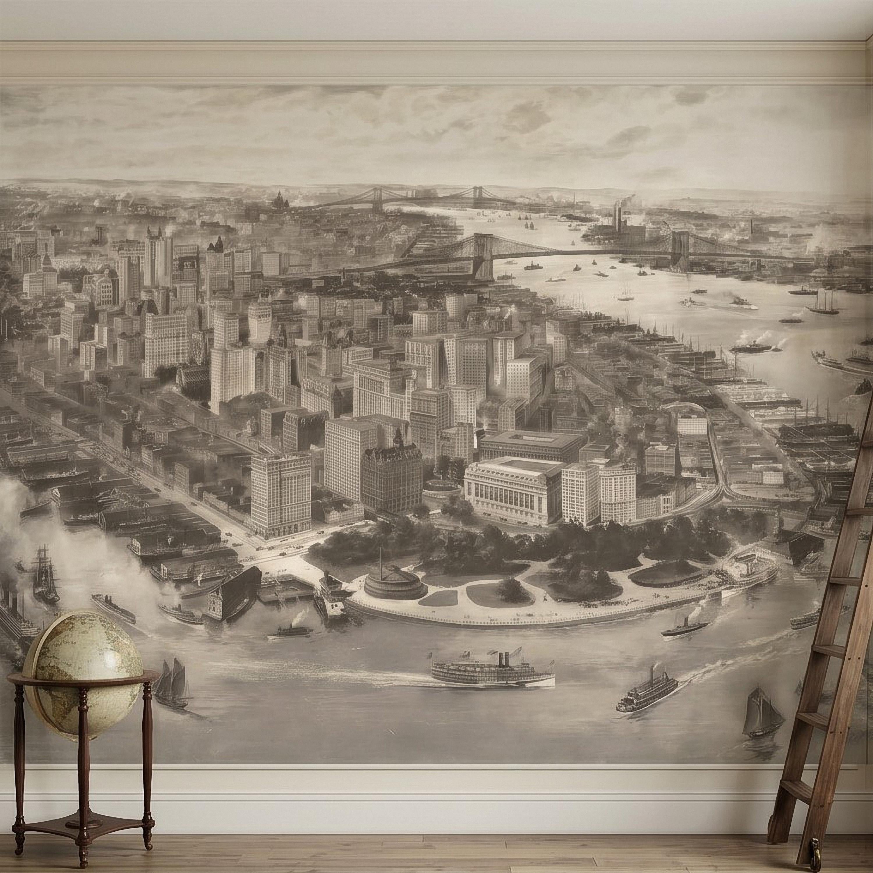 1903 New York City Vintage Peel and Stick Wall Mural, Antique Manhattan Bird's Eye View Engraving Wallpaper