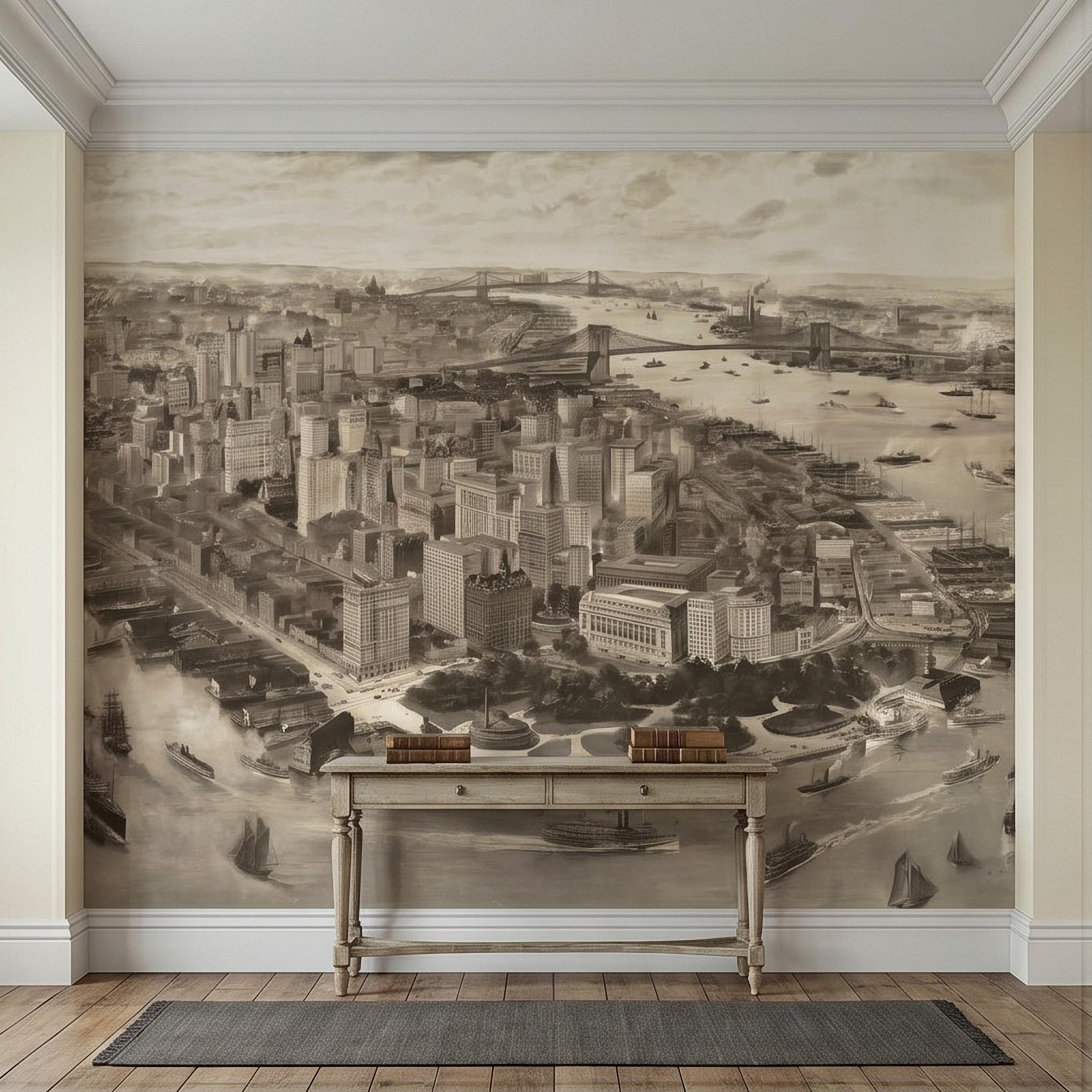 1903 New York City Vintage Peel and Stick Wall Mural, Antique Manhattan Bird's Eye View Engraving Wallpaper