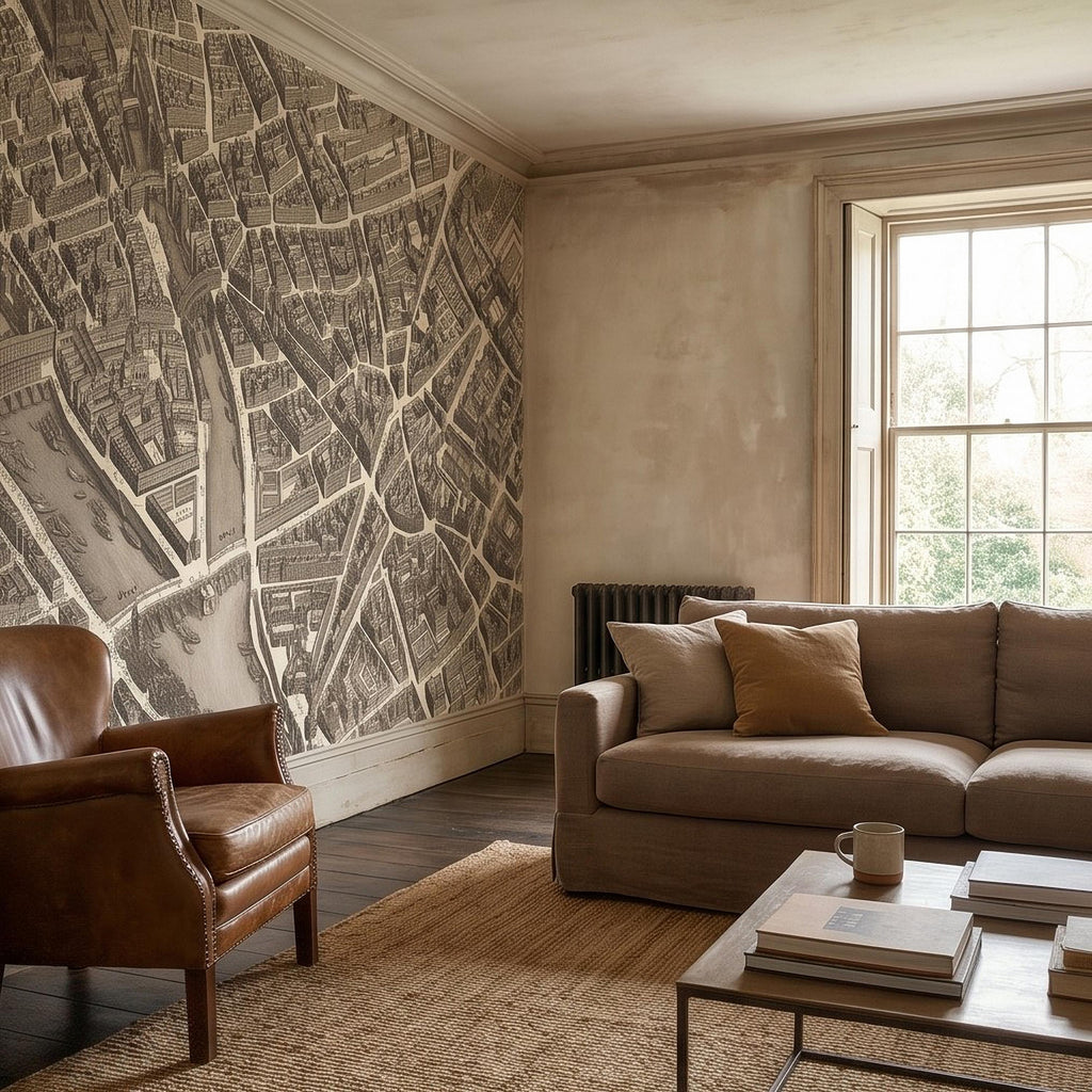 Vintage Paris Map Peel and Stick Wall Mural, Antique France Bird's Eye View Seine River & Notre Dame Wallpaper